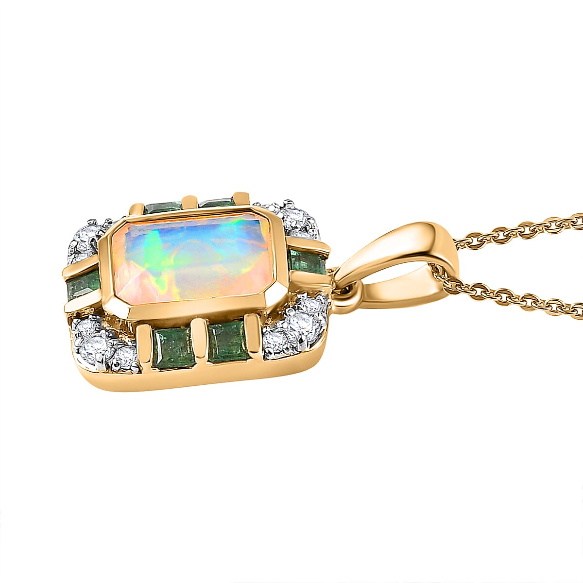 Ethiopian Welo Opal, Emerald & Moissanite Pendant with Chain (Size 20) in 18K Yellow Gold Vermeil Plated Sterling Silver 2.10 Ct, Silver Wt 5.00 GM