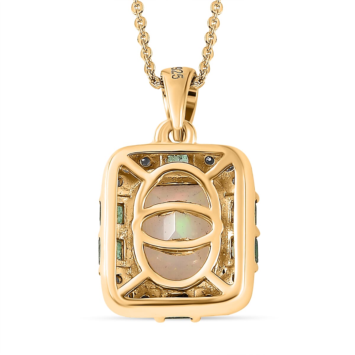 Ethiopian Welo Opal, Emerald & Moissanite Pendant with Chain (Size 20) in 18K Yellow Gold Vermeil Plated Sterling Silver 2.10 Ct, Silver Wt 5.00 GM