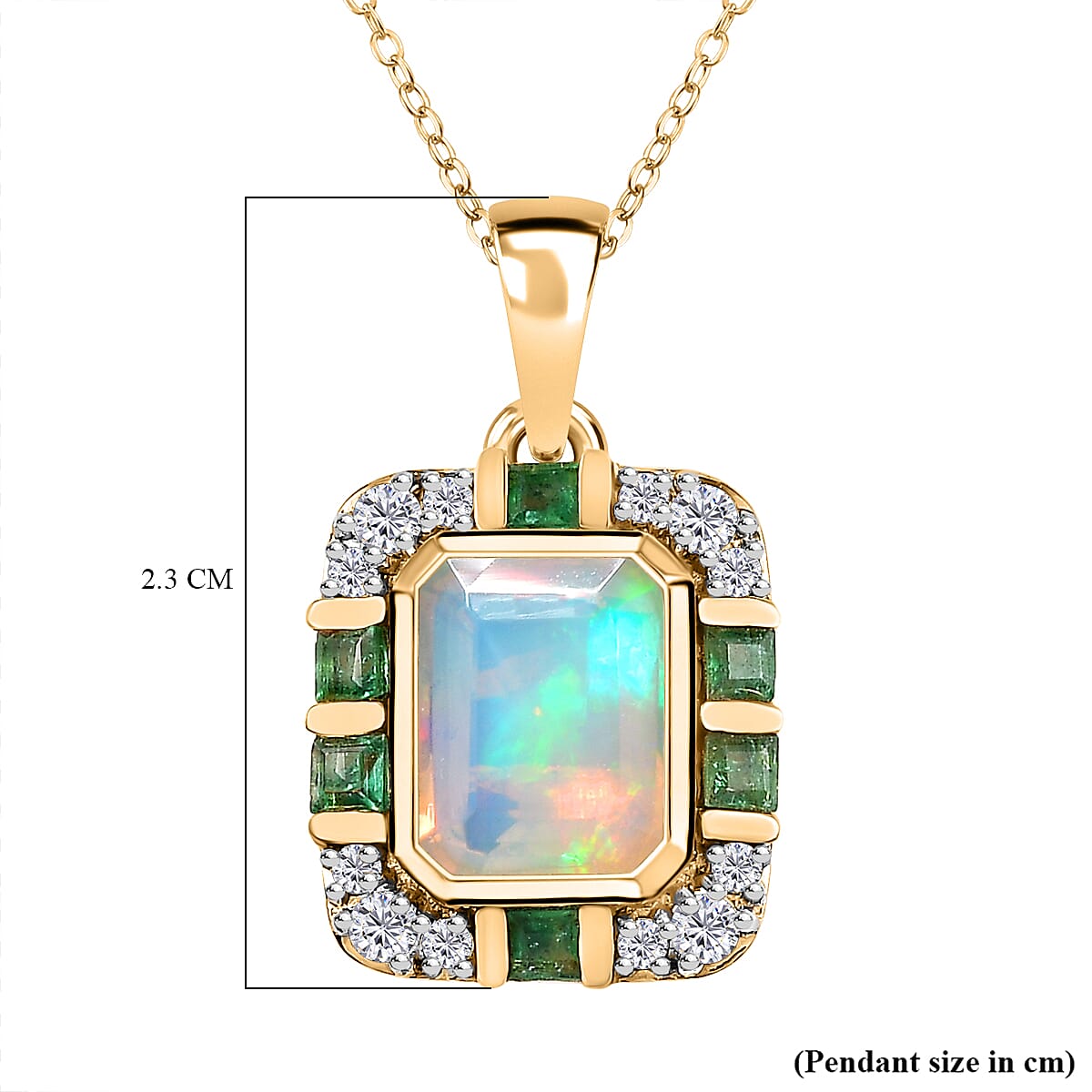 Ethiopian Welo Opal, Emerald & Moissanite Pendant with Chain (Size 20) in 18K Yellow Gold Vermeil Plated Sterling Silver 2.10 Ct, Silver Wt 5.00 GM
