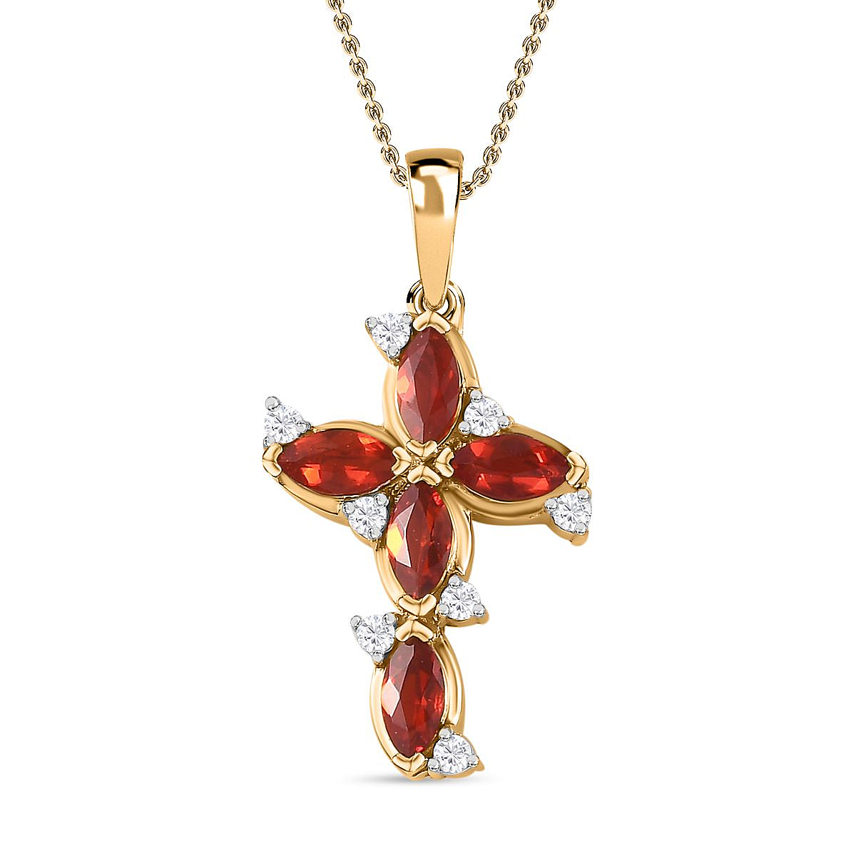 Salamanca Fire Opal & Natural Zircon The Cross Pendant with Chain (Size 20) in 18K Yellow Gold Vermeil Plated Sterling Silver 1.00 Ct.