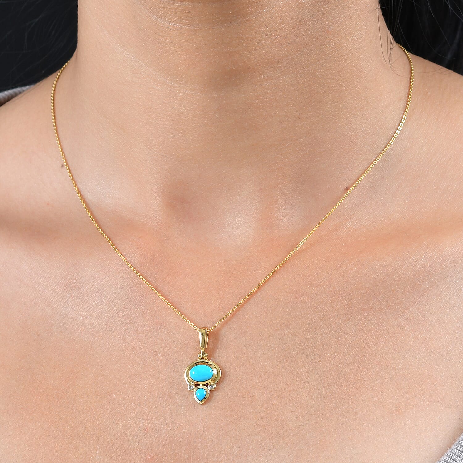 Arizona Sleeping Beauty Turquoise & Natural Zircon Pendant with Chain (Size 20) in 18K Gold Vermeil Sterling Silver