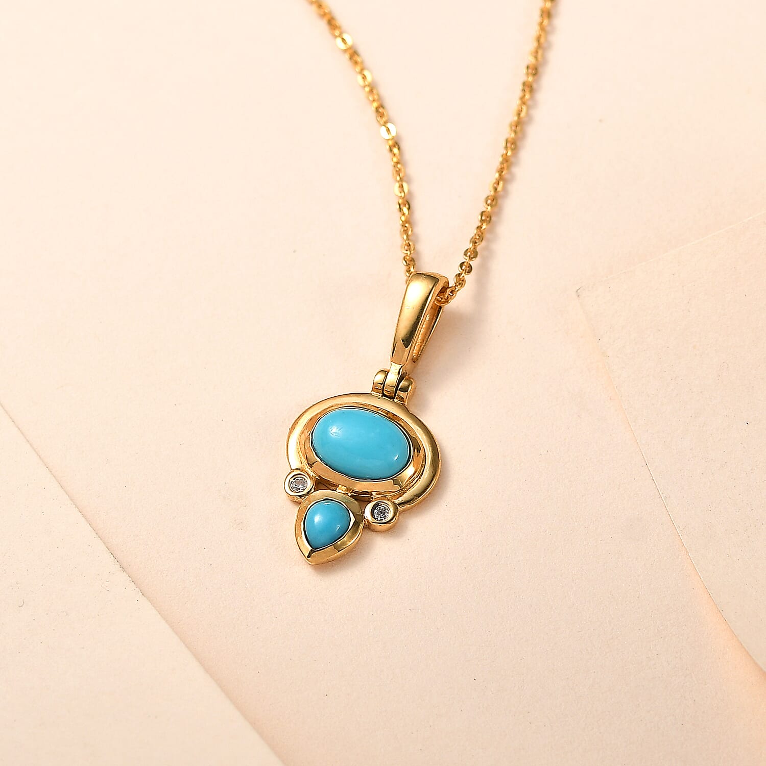 Arizona Sleeping Beauty Turquoise & Natural Zircon Pendant with Chain (Size 20) in 18K Gold Vermeil Sterling Silver