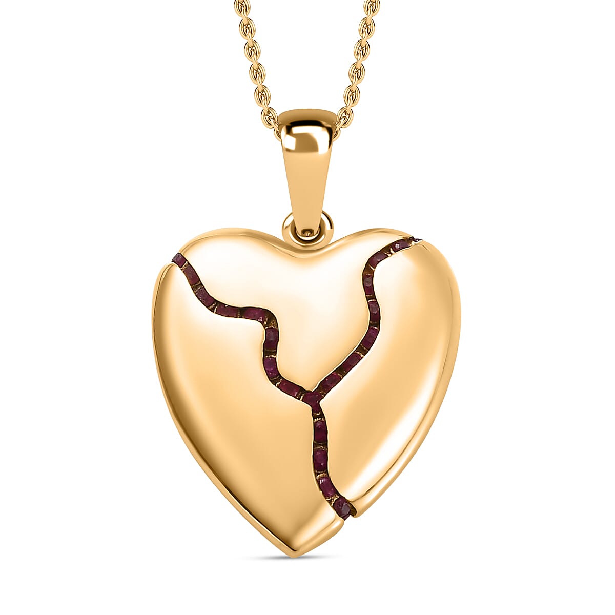 Designer Inspired - Ruby Heart Pendant with Chain (Size 20) in 18K Gold Vermeil Sterling Silver