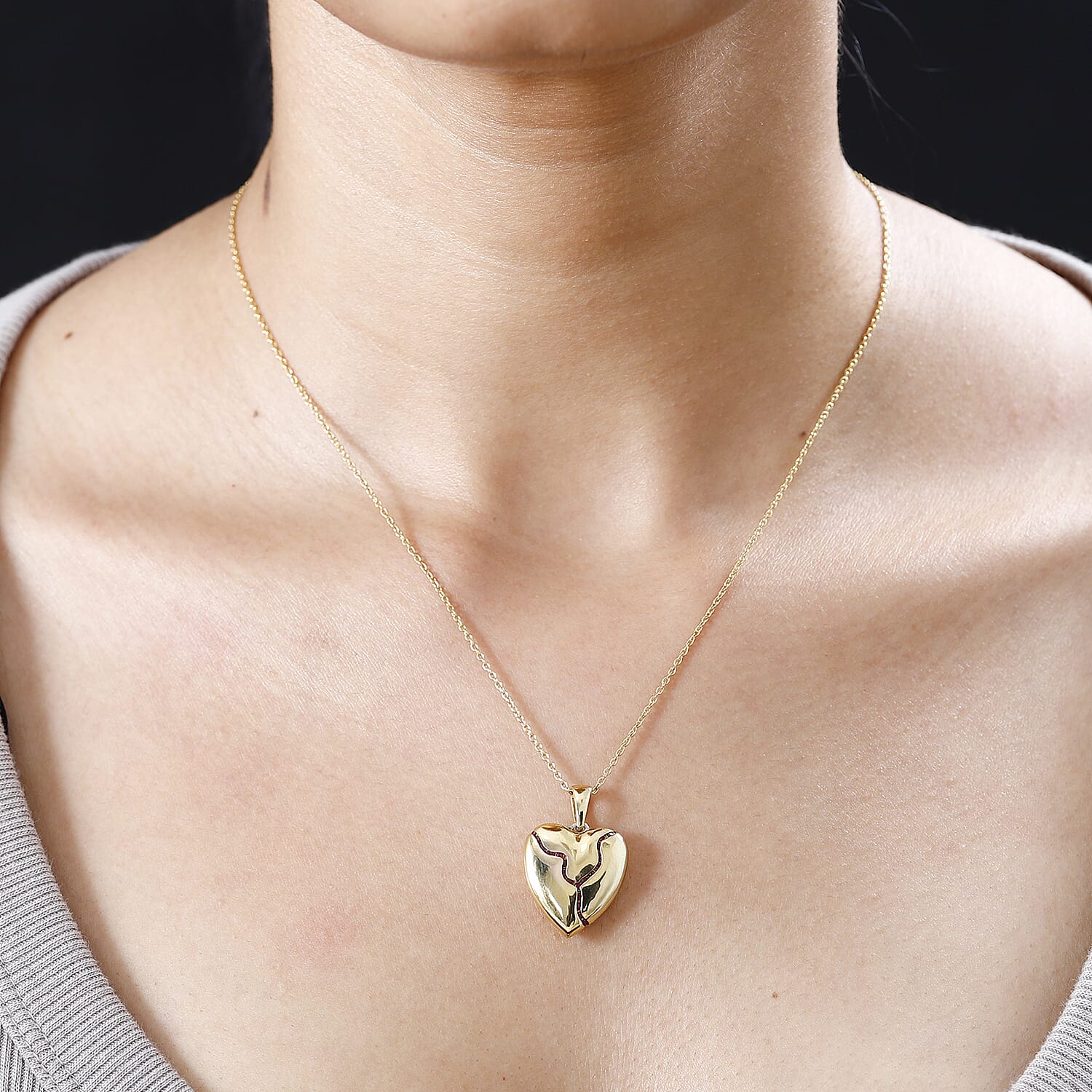 Designer Inspired - Ruby Heart Pendant with Chain (Size 20) in 18K Gold Vermeil Sterling Silver