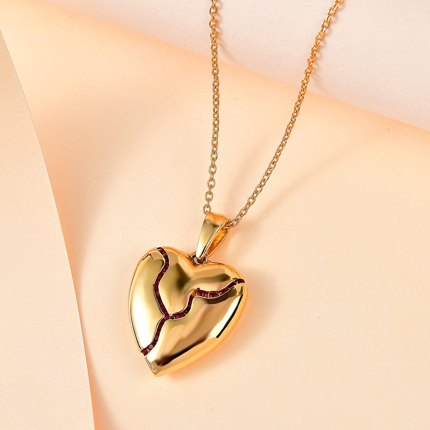 Designer Inspired - Ruby Heart Pendant with Chain (Size 20) in 18K Gold Vermeil Sterling Silver