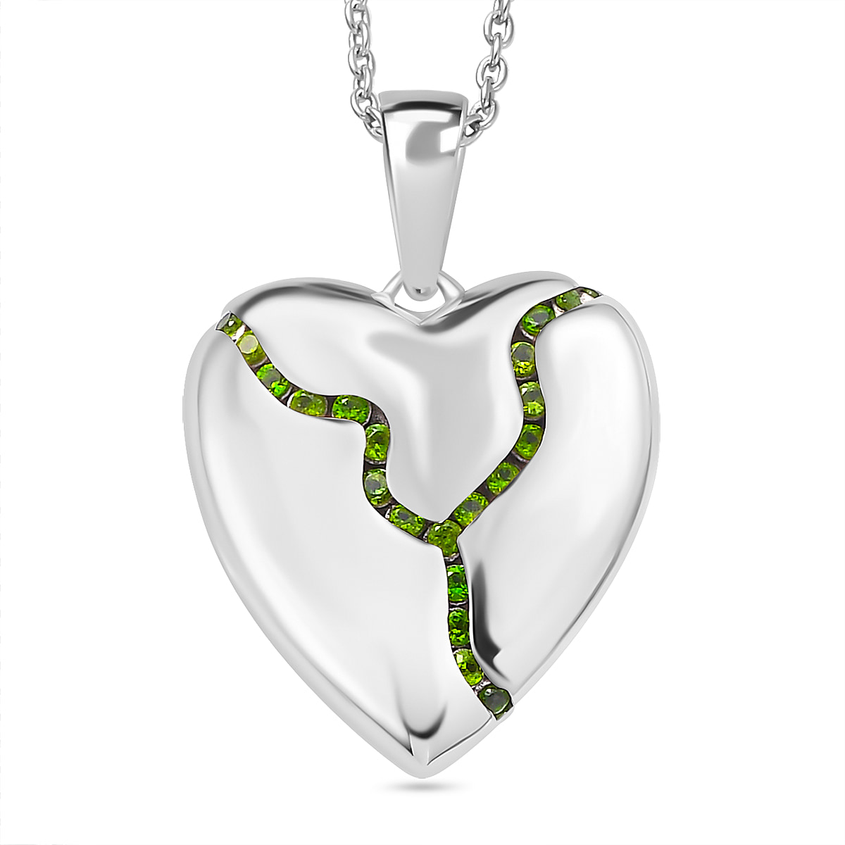 Designer Inspired - Natural Chrome Diopside Heart Pendant (Size 20) in Platinum Overlay Sterling Silver