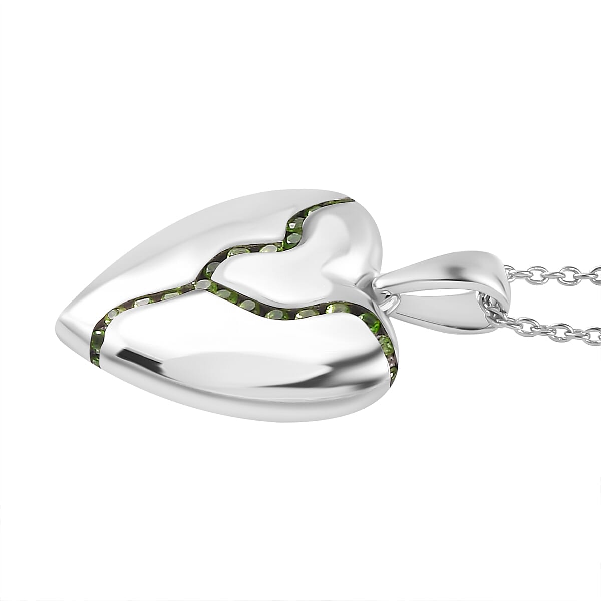 Designer Inspired - Natural Chrome Diopside Heart Pendant (Size 20) in Platinum Overlay Sterling Silver