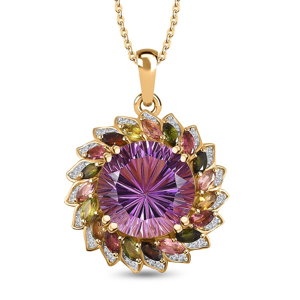 TJC EXCLUSIVE HANABI CUT  - Amethyst & Multi Tourmaline Pendant with Chain (Size 20) in 18K Gold Vermeil Sterling Silver 11.20 Ct.