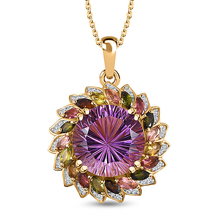 HANABI CUT - Amethyst and Multi Tourmaline Pendant with Chain (Size 20) in 18K Vermeil Yellow Gold Plated Sterling Silver 11.20 Ct.