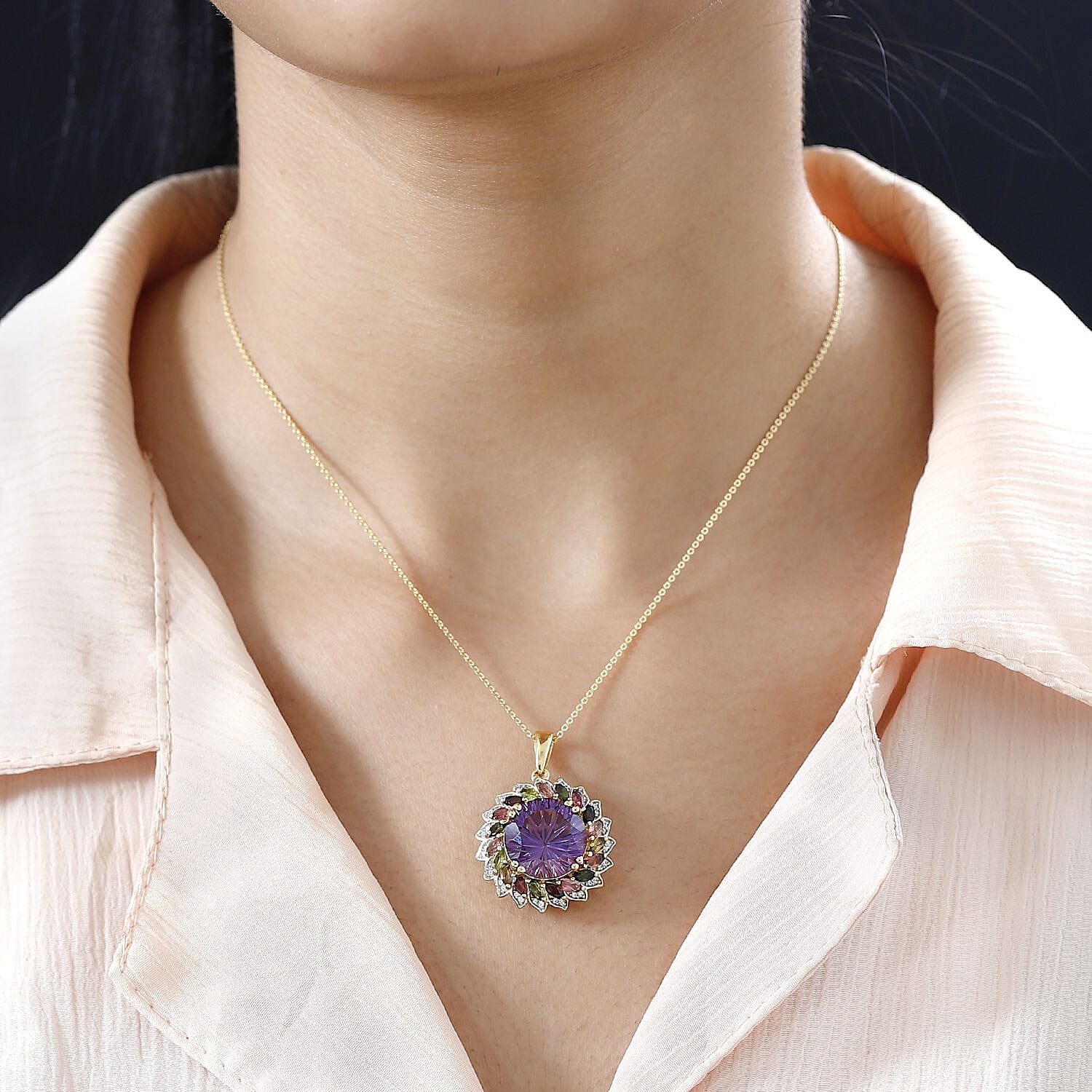 TJC EXCLUSIVE HANABI CUT  - Amethyst & Multi Tourmaline Pendant with Chain (Size 20) in 18K Gold Vermeil Sterling Silver 11.20 Ct.