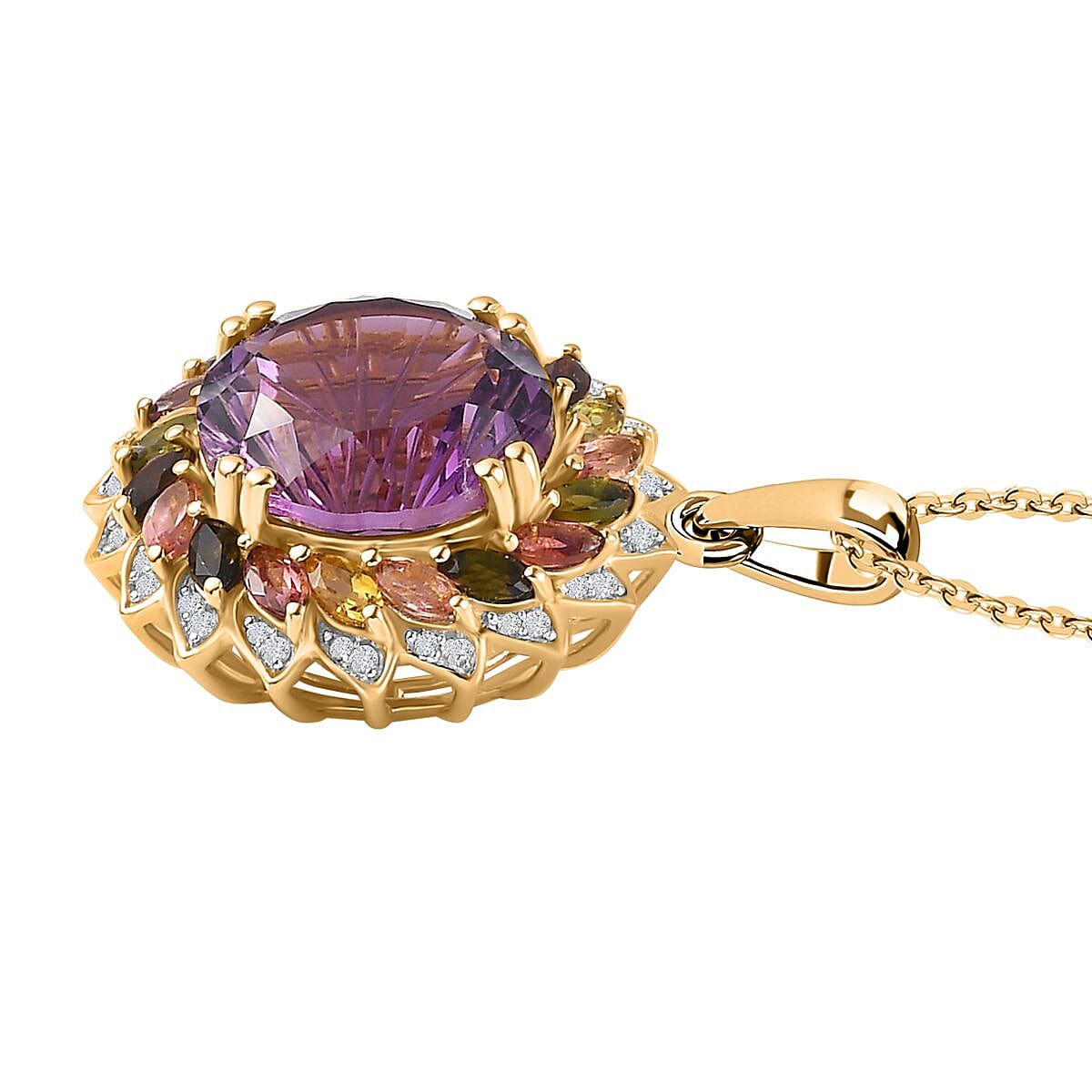 TJC EXCLUSIVE HANABI CUT  - Amethyst & Multi Tourmaline Pendant with Chain (Size 20) in 18K Gold Vermeil Sterling Silver 11.20 Ct.