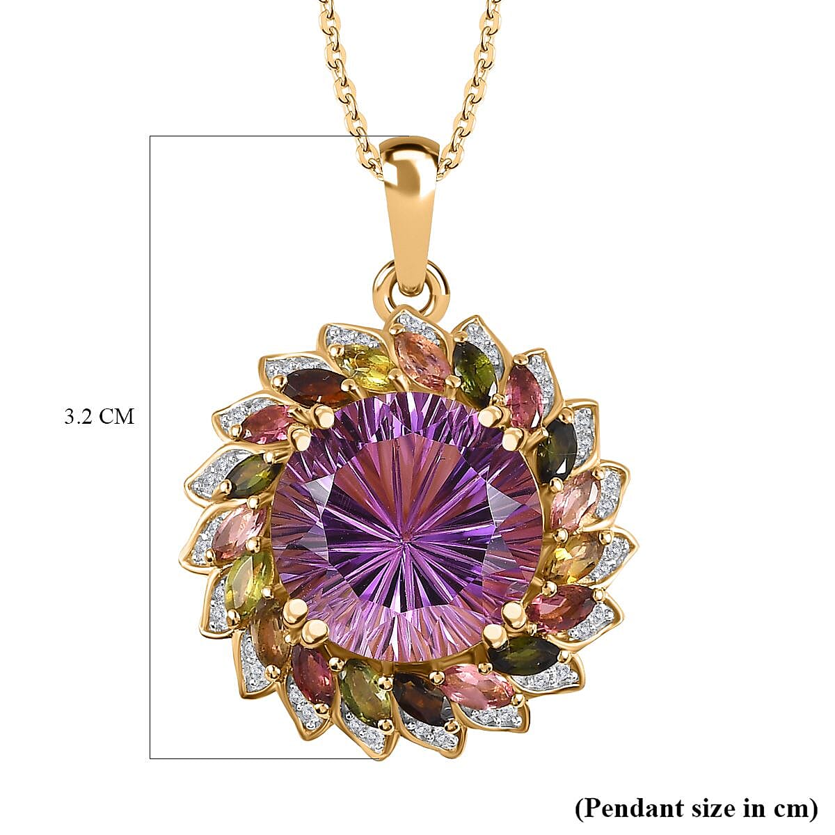 TJC EXCLUSIVE HANABI CUT  - Amethyst & Multi Tourmaline Pendant with Chain (Size 20) in 18K Gold Vermeil Sterling Silver 11.20 Ct.