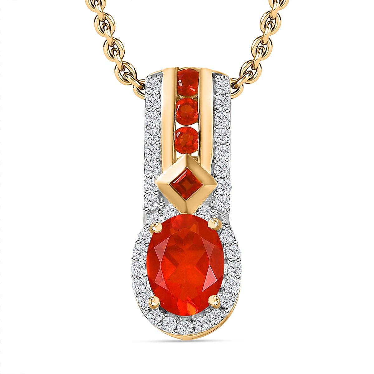 Salamanca Fire Opal & Natural Zircon Pendant with Chain (Size 20) in 18K Yellow Gold Vermeil Plated Sterling Silver 1.30 Ct.