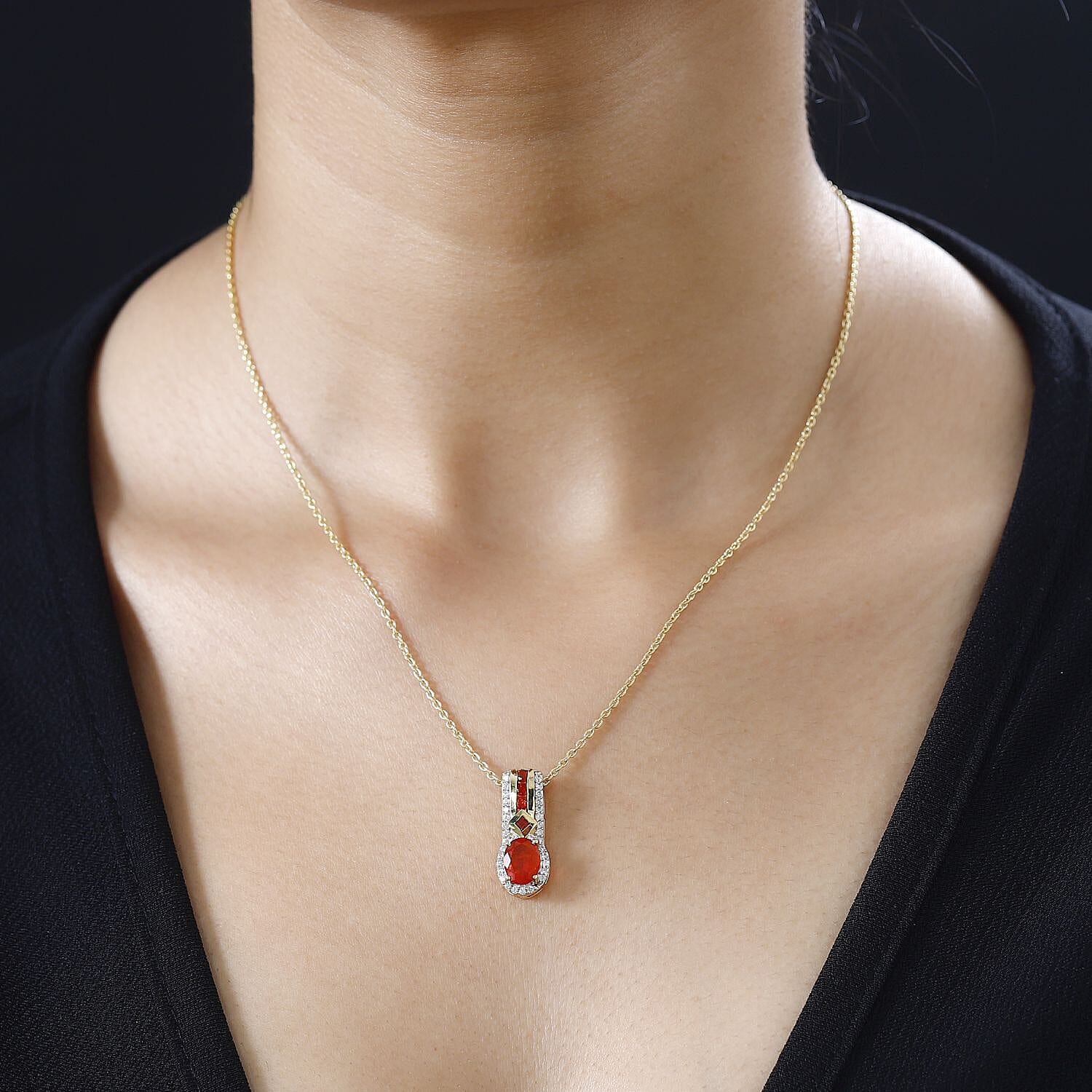 Salamanca Fire Opal & Natural Zircon Pendant with Chain (Size 20) in 18K Yellow Gold Vermeil Plated Sterling Silver 1.30 Ct.
