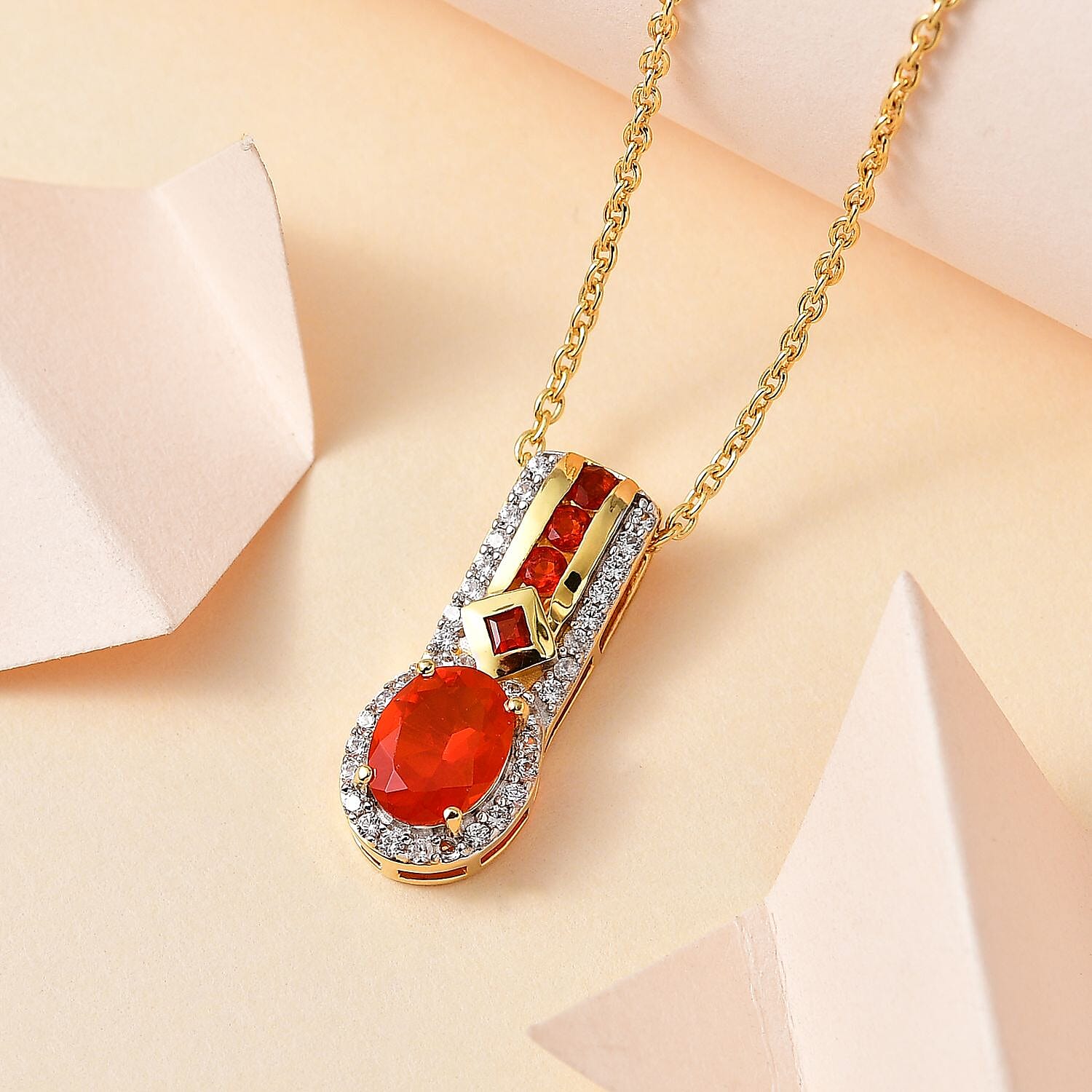 Salamanca Fire Opal & Natural Zircon Pendant with Chain (Size 20) in 18K Yellow Gold Vermeil Plated Sterling Silver 1.30 Ct.