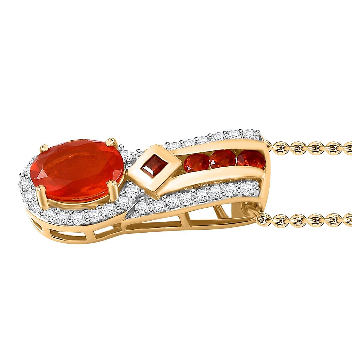 Salamanca Fire Opal & Natural Zircon Pendant with Chain (Size 20) in 18K Yellow Gold Vermeil Plated Sterling Silver 1.30 Ct.