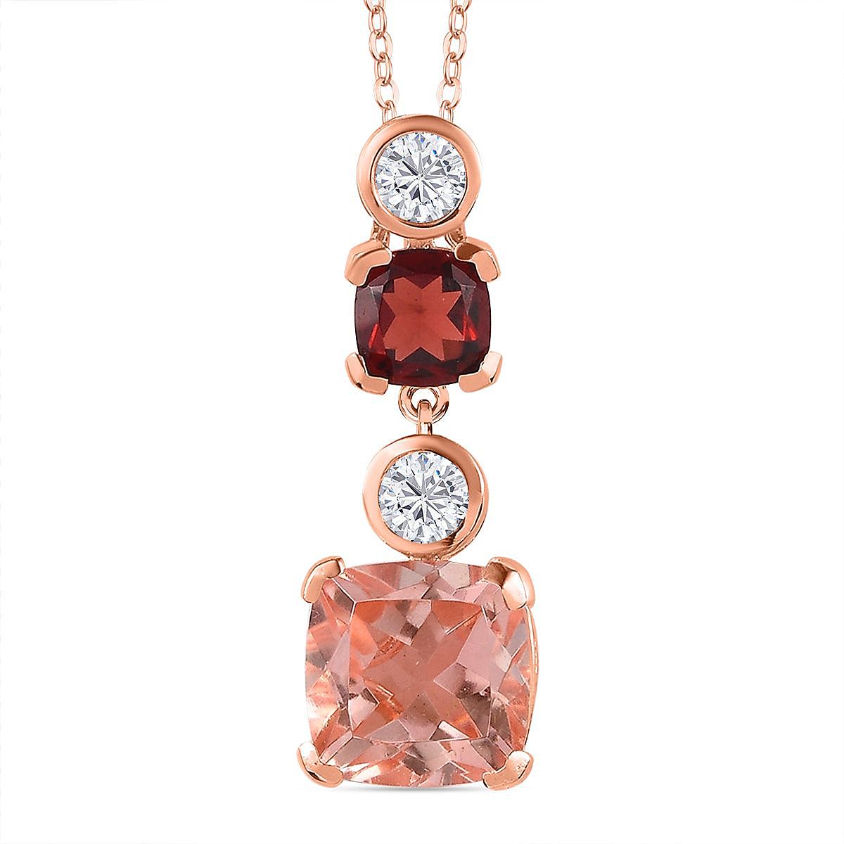 Morganite Color Quartz, Red Garnet & Natural Zircon Pendant with Chain (Size 20) in 18K Rose Gold Vermeil Plated Sterling Silver 7.00 Ct, Silver Wt 5.00 GM