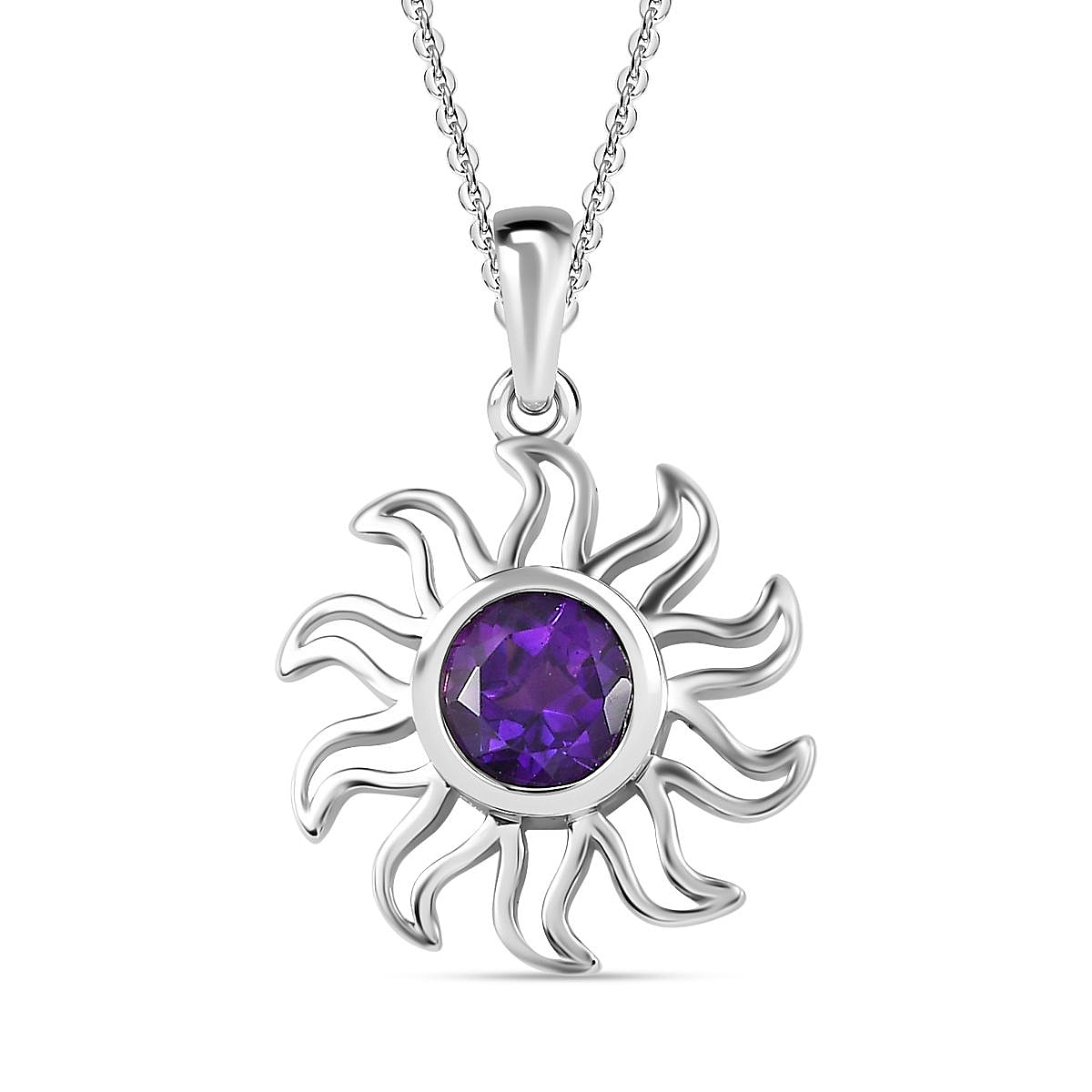 Moroccan Amethyst Solitaire Sun Pendant with Chain (Size 20) in Platinum Overlay Sterling Silver 1.25 Ct.