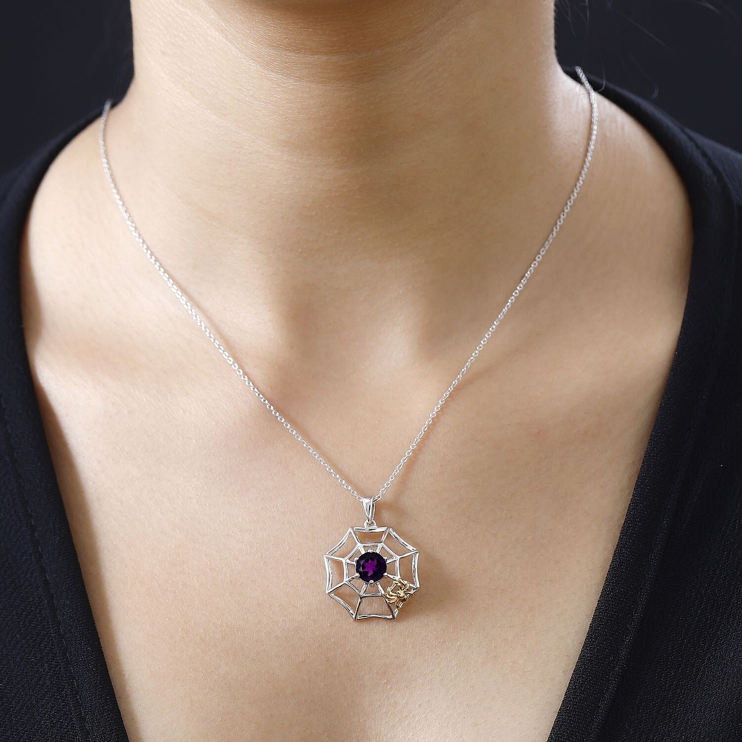 Moroccan Amethyst Spider Web Pendant with Chain (Size 20) in 18K Yellow Gold Vermeil & Platinum Plated Sterling Silver 1.30 Ct.