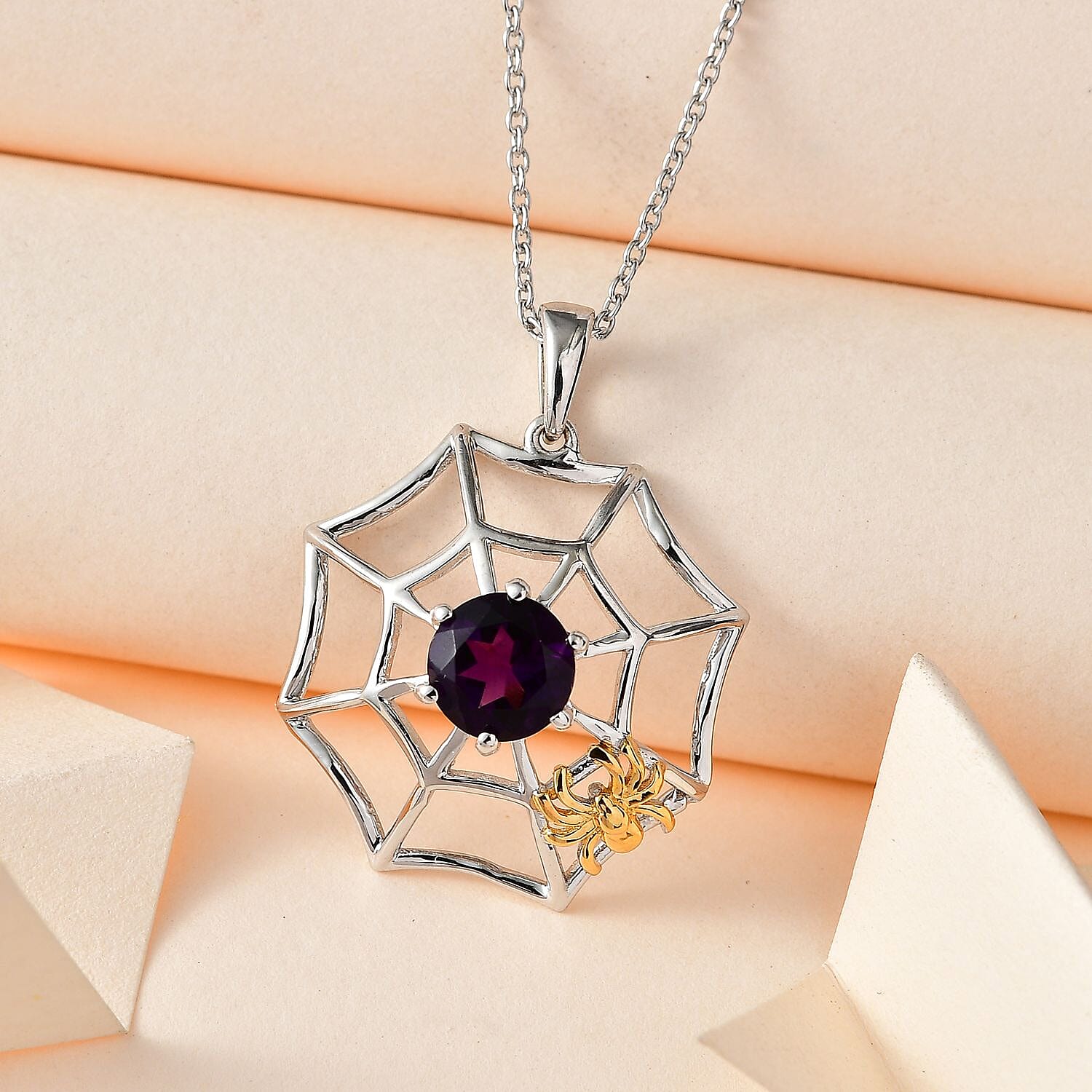 Moroccan Amethyst Spider Web Pendant with Chain (Size 20) in 18K Yellow Gold Vermeil & Platinum Plated Sterling Silver 1.30 Ct.