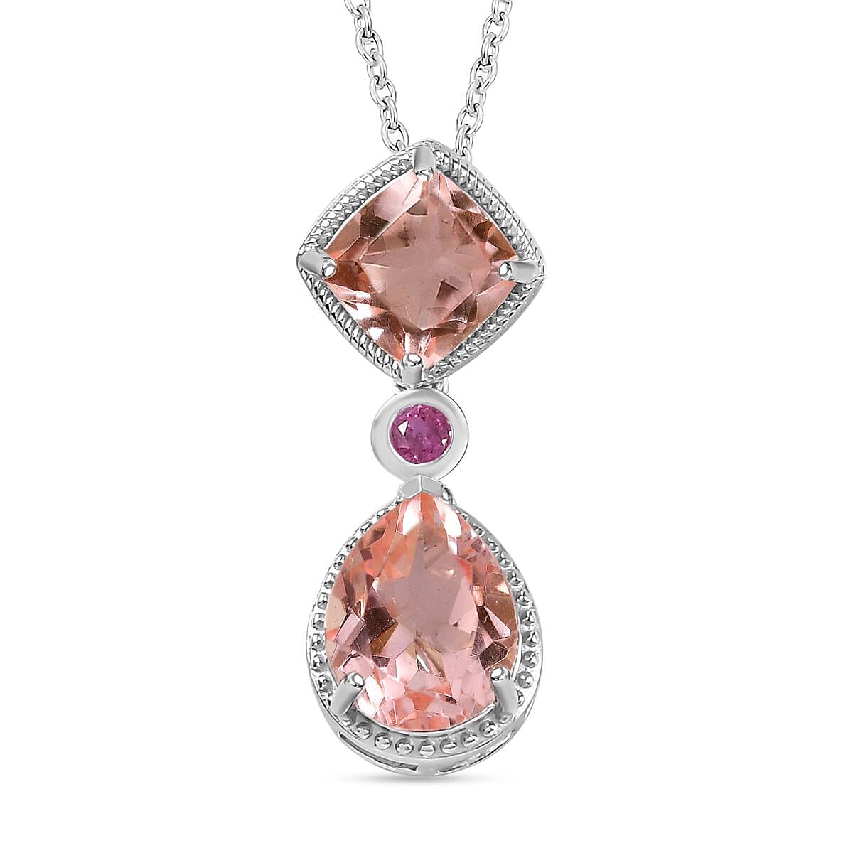 Morganite Colour Quartz & African Ruby Pendant with Chain (Size 20) in Platinum Overlay Sterling Silver 4.50 Ct
