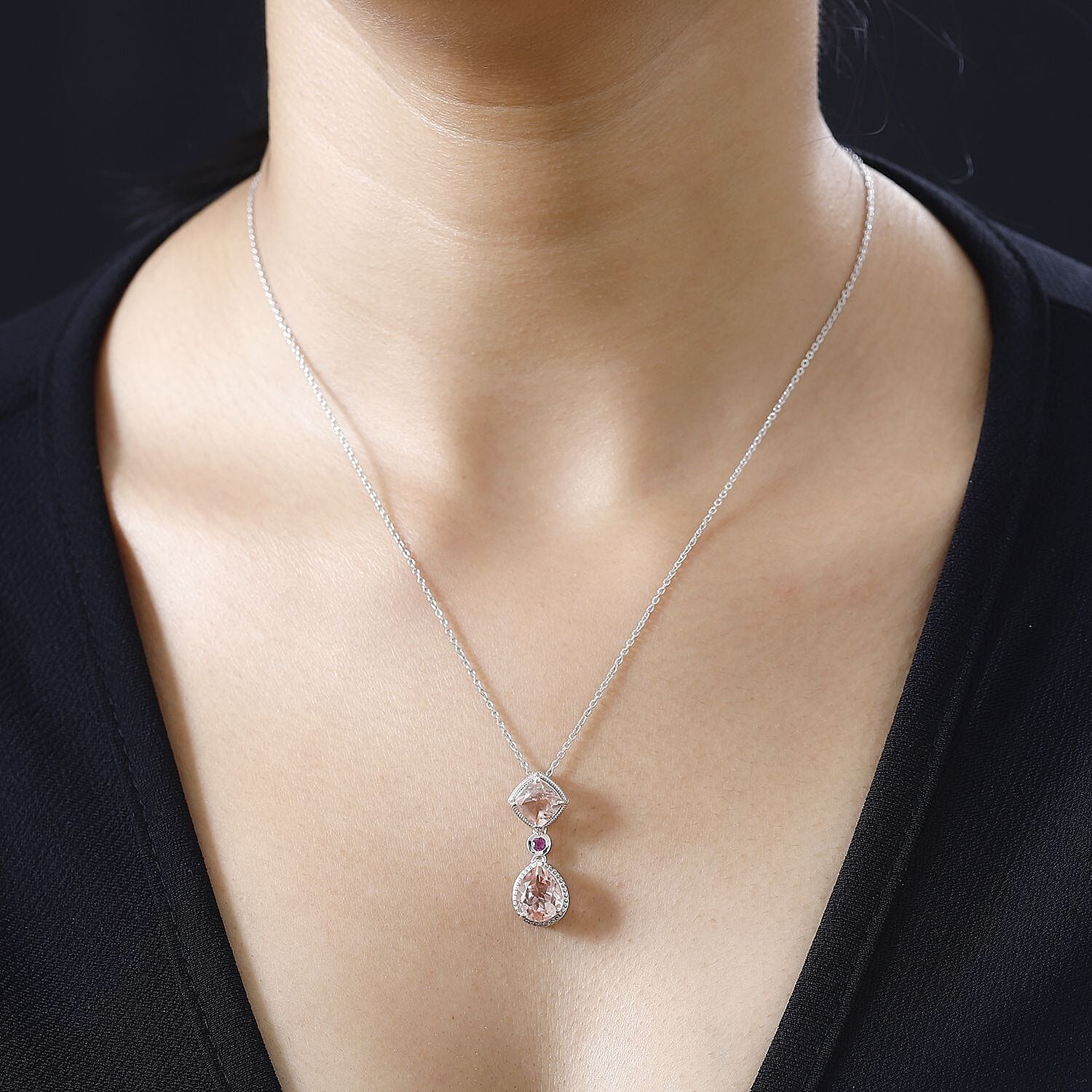 Morganite Colour Quartz & African Ruby Pendant with Chain (Size 20) in Platinum Overlay Sterling Silver 4.50 Ct