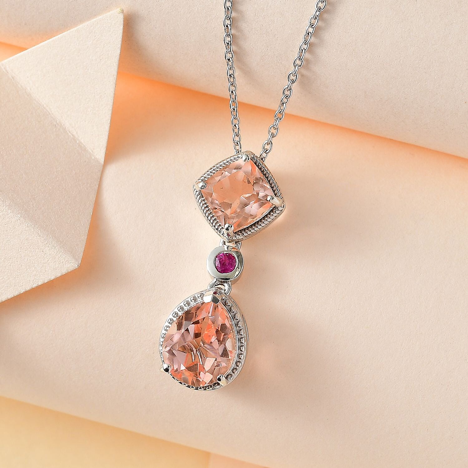 Morganite Colour Quartz & African Ruby Pendant with Chain (Size 20) in Platinum Overlay Sterling Silver 4.50 Ct