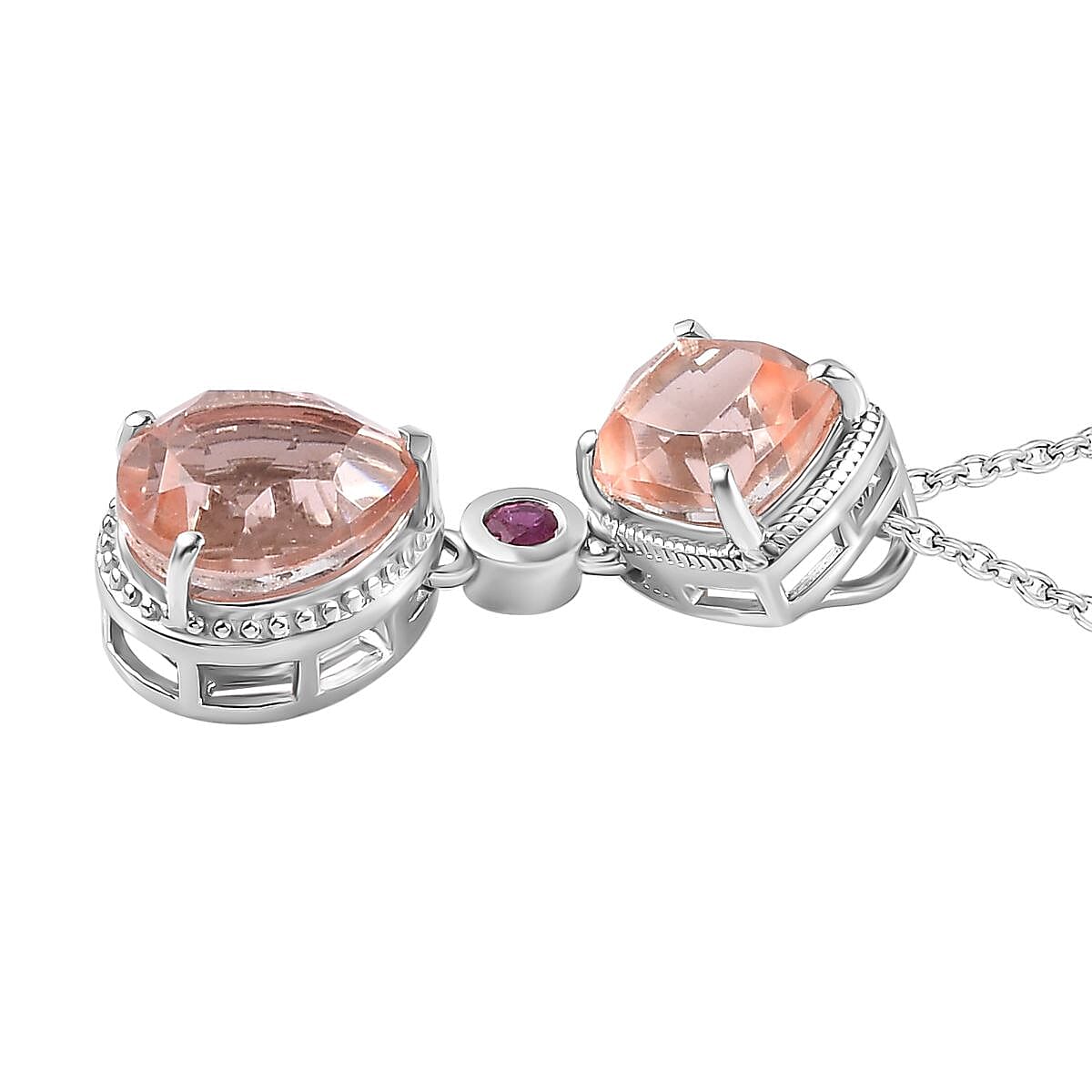 Morganite Colour Quartz & African Ruby Pendant with Chain (Size 20) in Platinum Overlay Sterling Silver 4.50 Ct