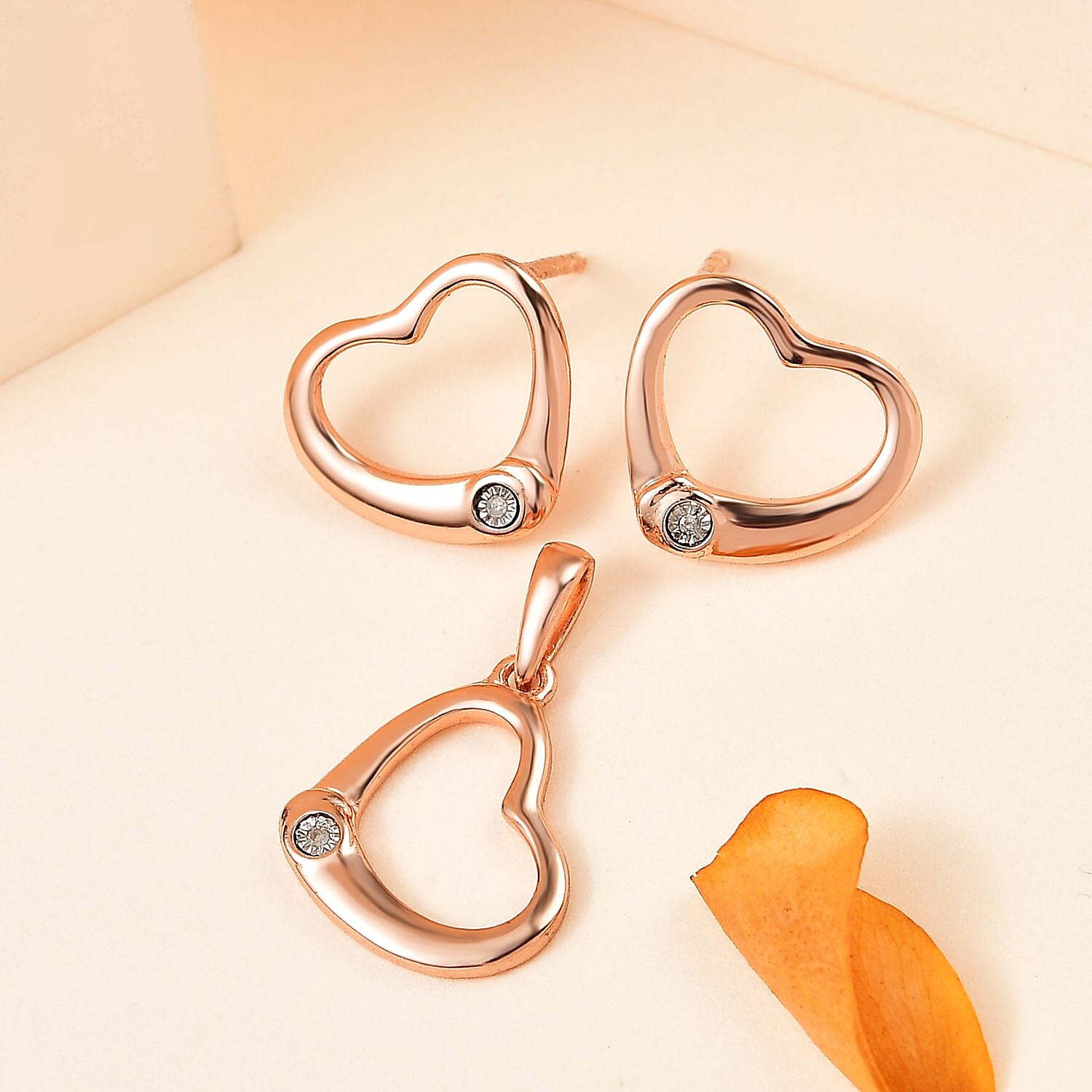 One Time Closeout 2 Piece Set - Diamond Heart Earrings and Pendant