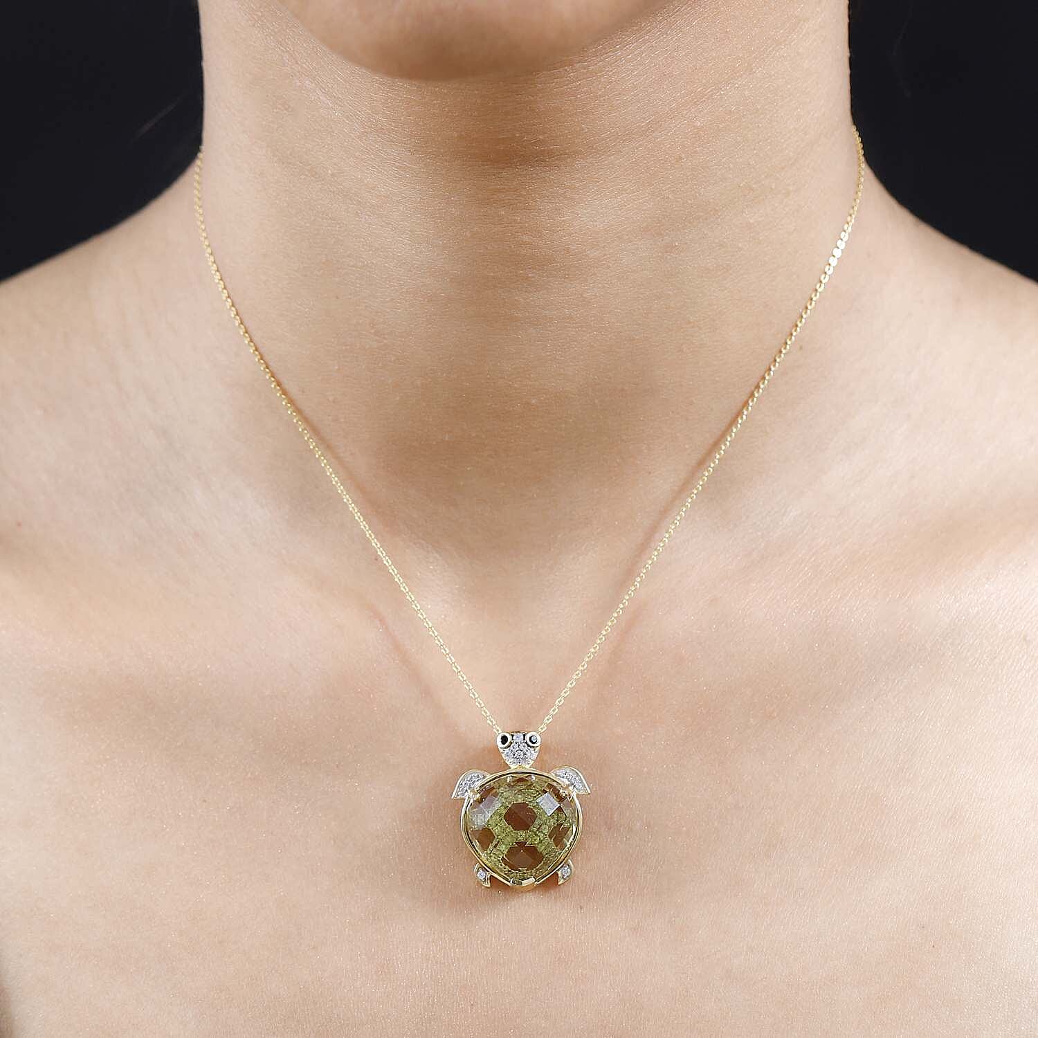 GP Italian Garden Collection - Green Gold Quartz & Multi Gemstone Pendant with Chain (Size 20) in 18K Vermeil YG Plated Sterling Silver 14.60 Ct, Silver Wt. 6.41 Gms