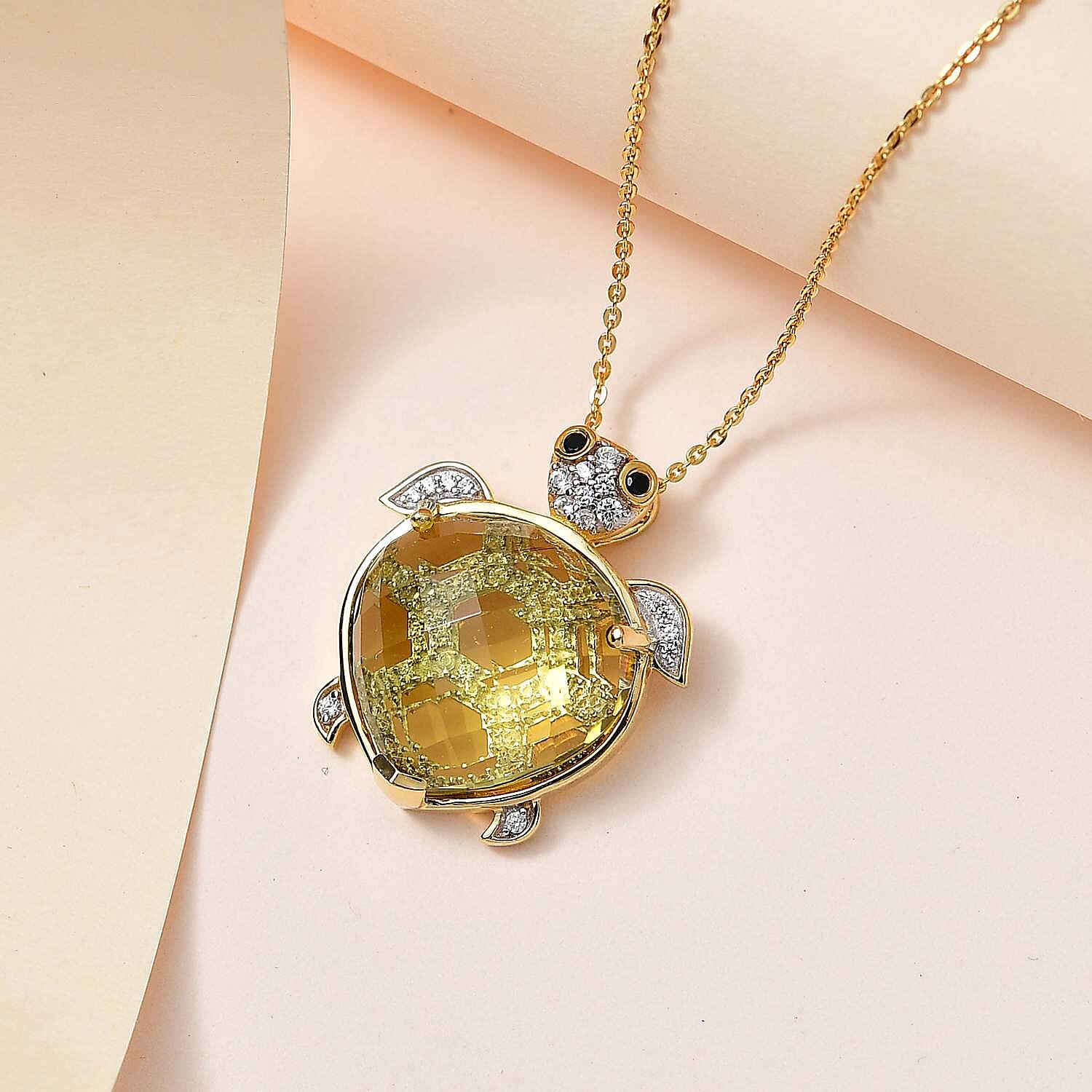 GP Italian Garden Collection - Green Gold Quartz & Multi Gemstone Pendant with Chain (Size 20) in 18K Vermeil YG Plated Sterling Silver 14.60 Ct, Silver Wt. 6.41 Gms