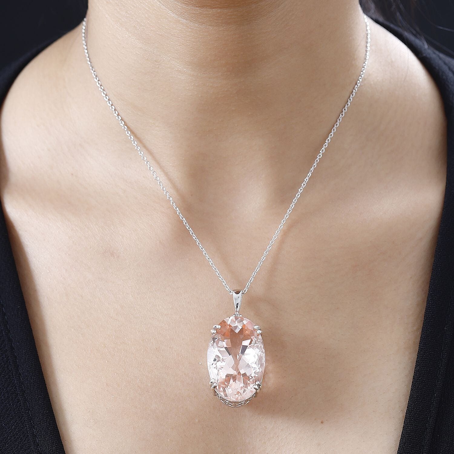 50 Carat Morganite Color Quartz Solitaire Pendant with Chain (Size 20) in Platinum Overlay Sterling Silver