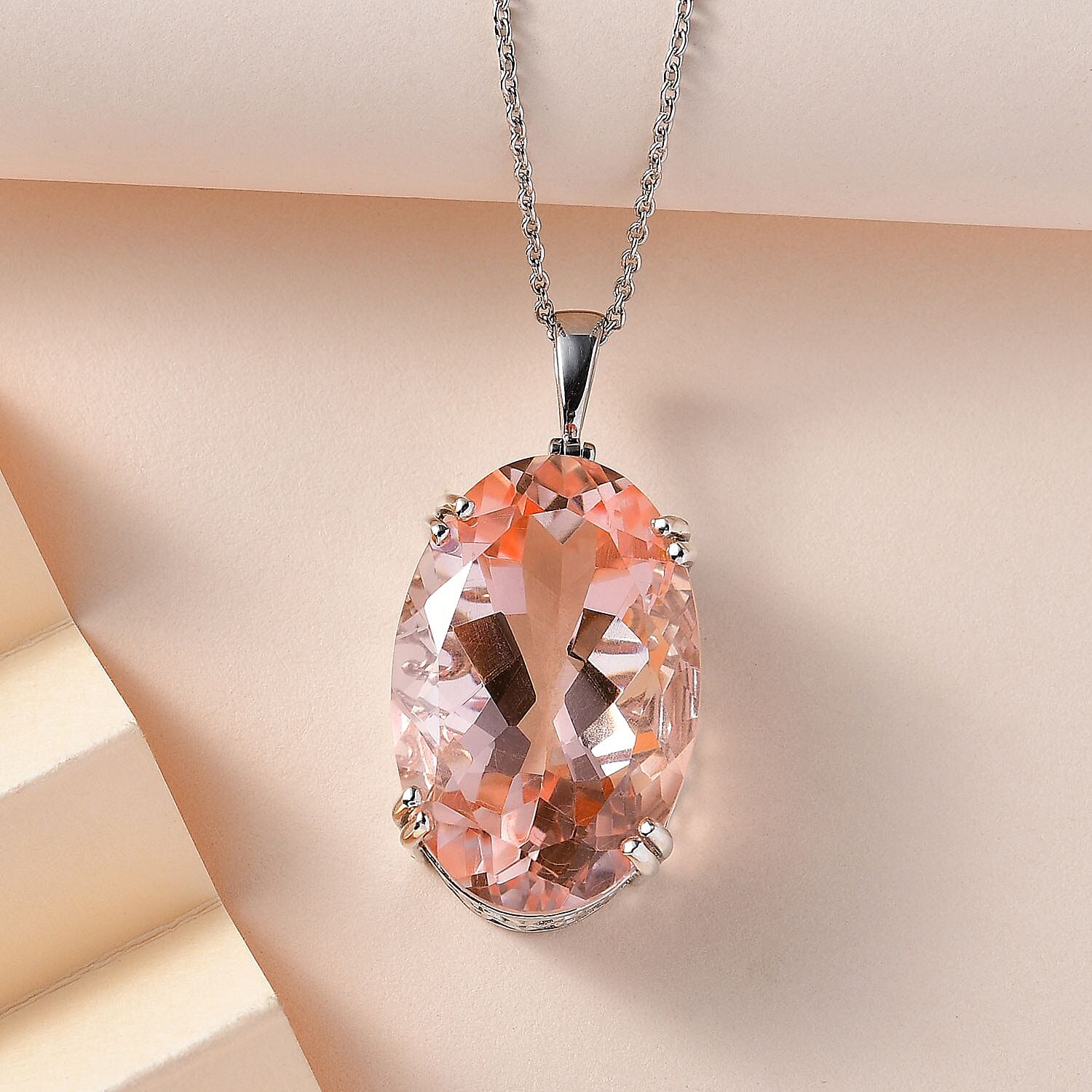 50 Carat Morganite Color Quartz Solitaire Pendant with Chain (Size 20) in Platinum Overlay Sterling Silver