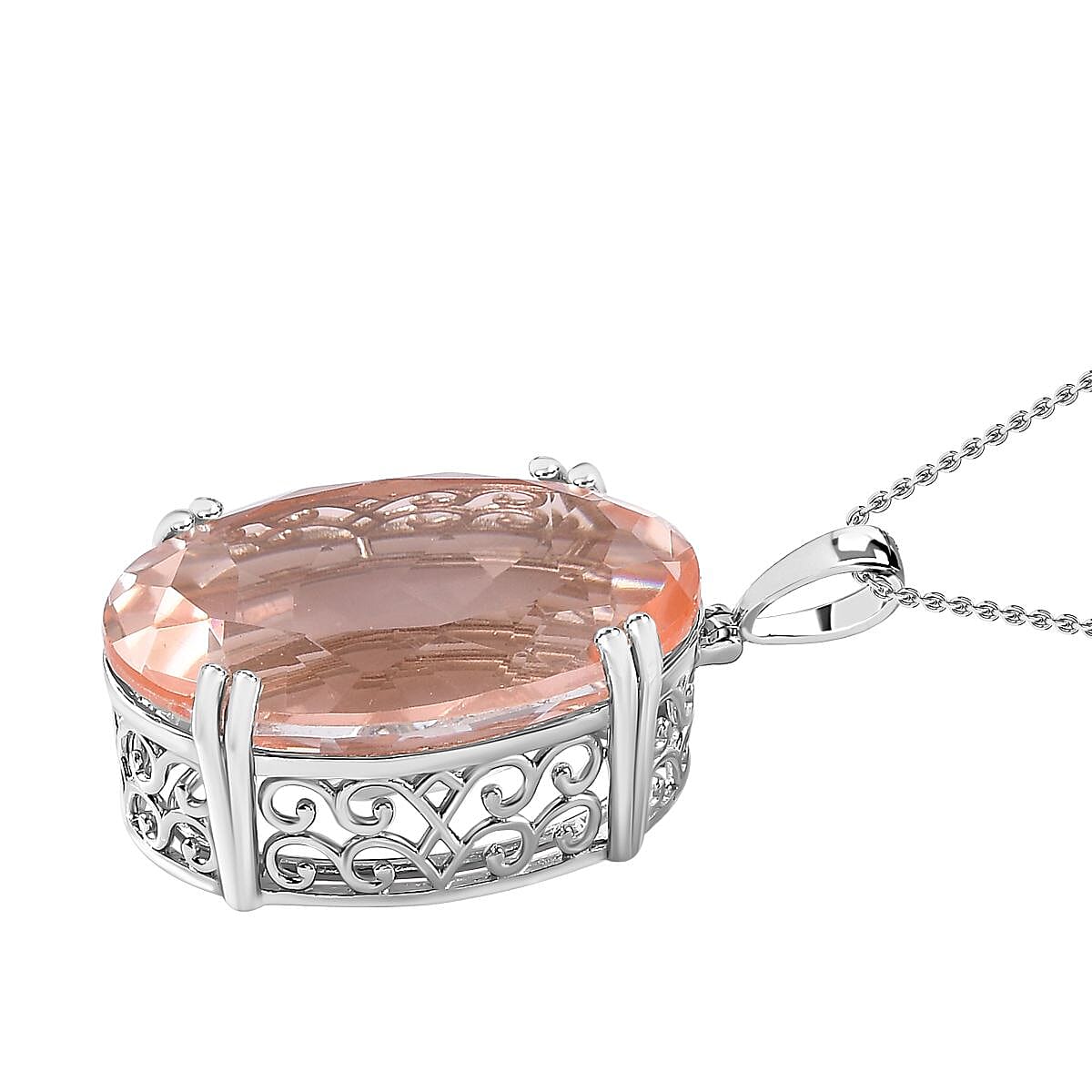 50 Carat Morganite Color Quartz Solitaire Pendant with Chain (Size 20) in Platinum Overlay Sterling Silver