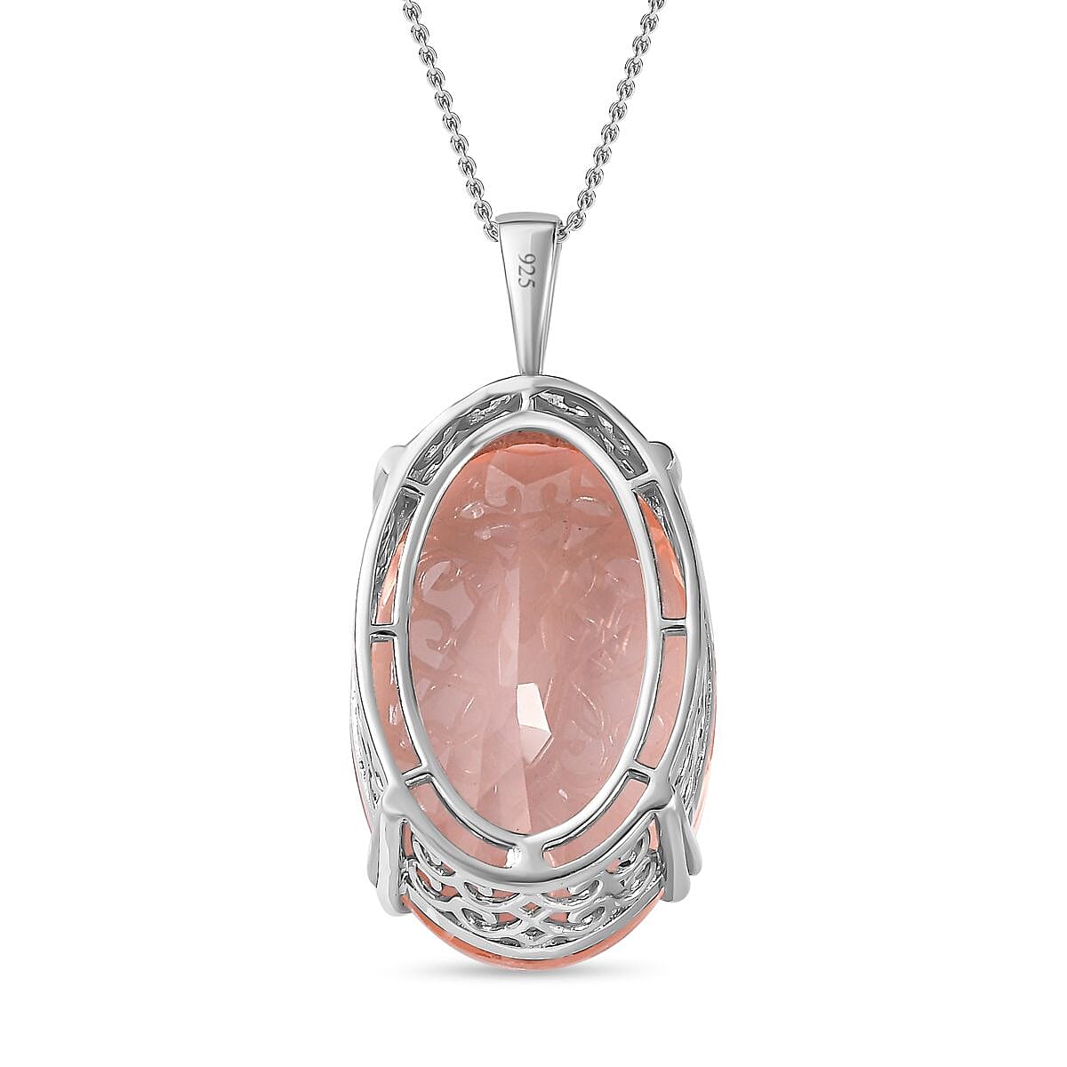 50 Carat Morganite Color Quartz Solitaire Pendant with Chain (Size 20) in Platinum Overlay Sterling Silver