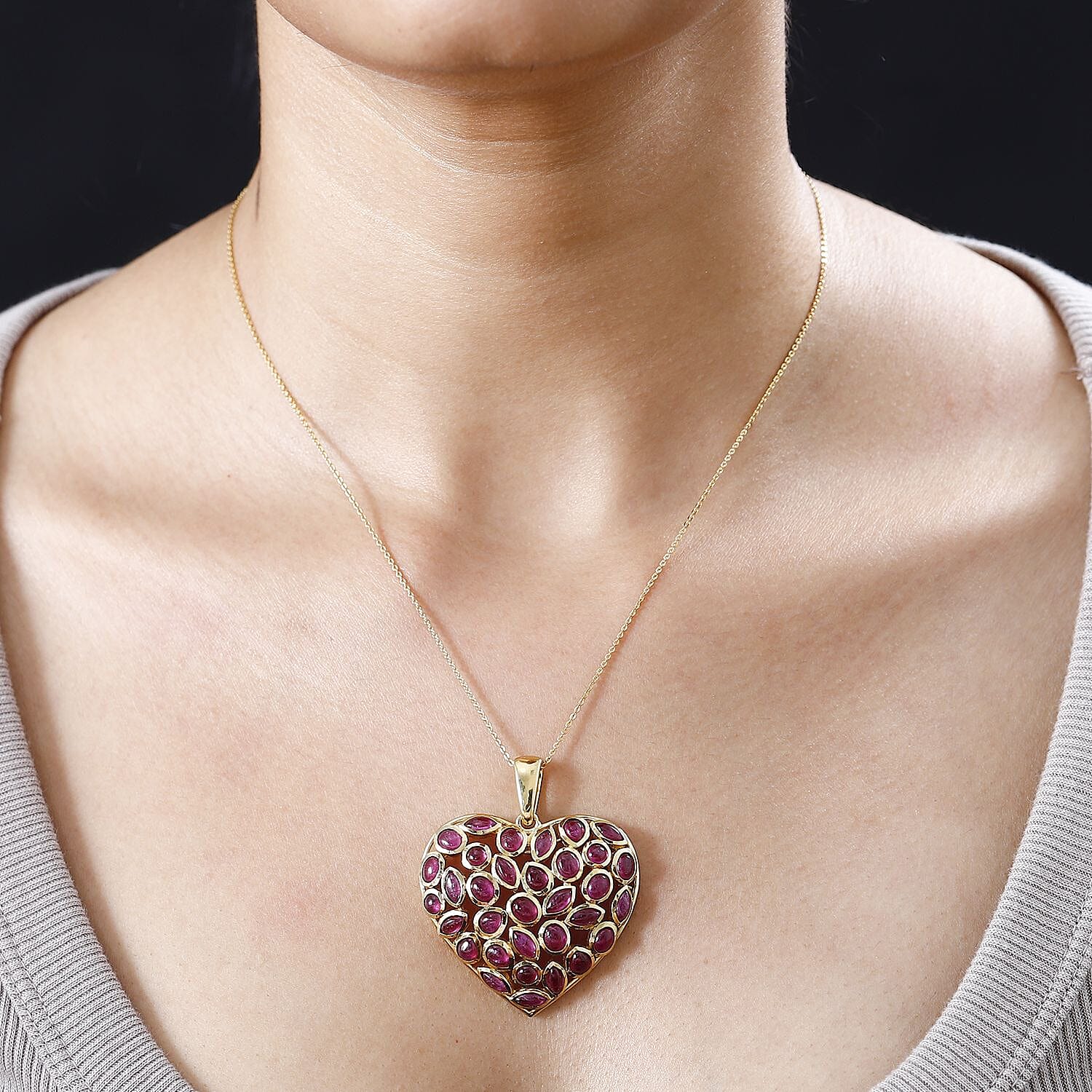 African Ruby Heart Pendant with Chain (Size 20) in 18K Vermeil YG Plated Sterling Silver 19.10 Ct.