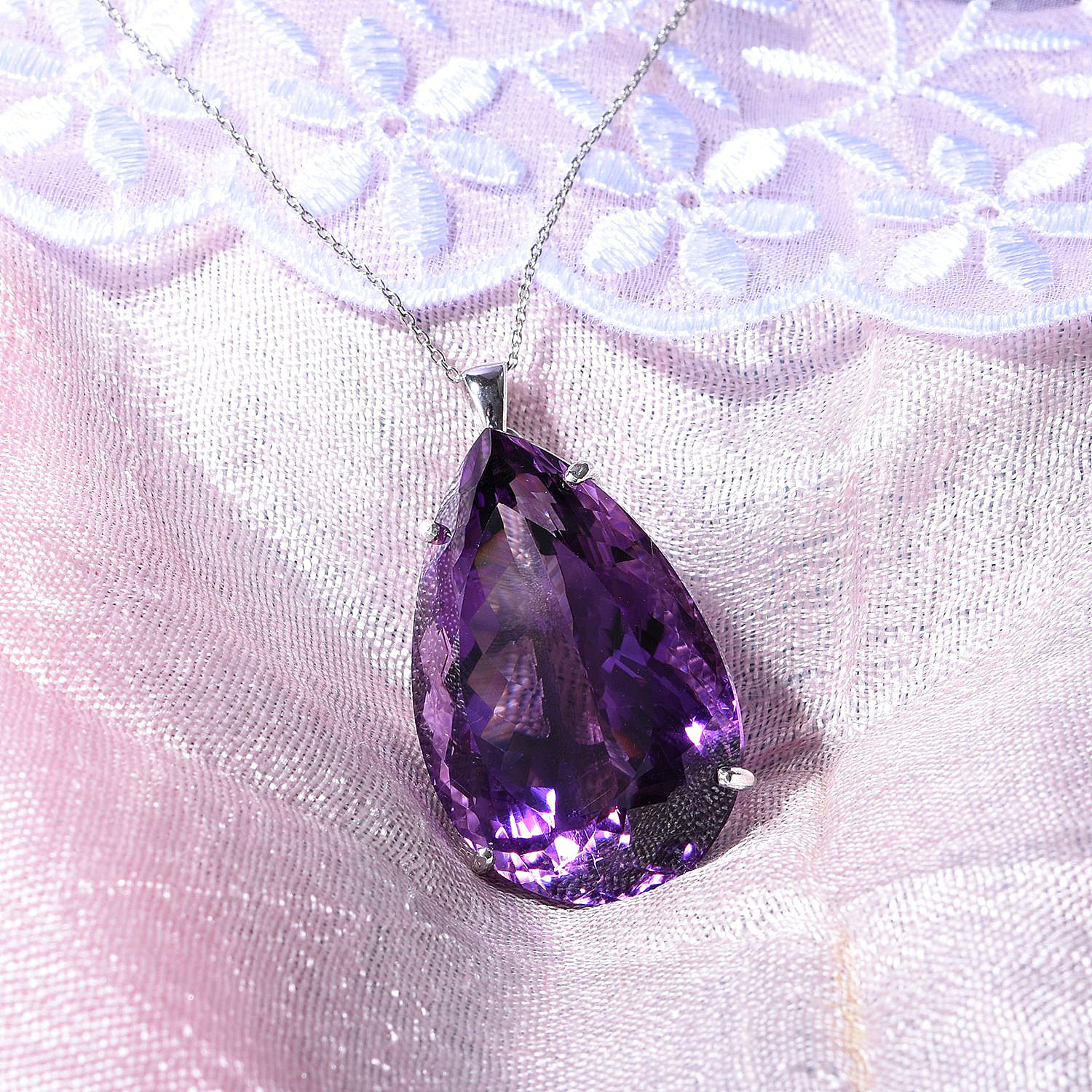 Birthday Special - Gemfield Amethyst 100 Carat Solitaire Pendant with Chain  (Size 24) in Platinum Overlay Sterling Silver
