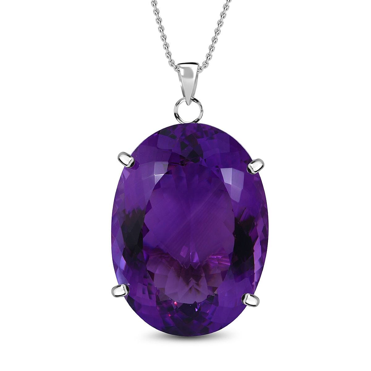 Amethyst 100 Carat Solitaire Pendant with Chain (Size 24) in Platinum Overlay Sterling Silver
