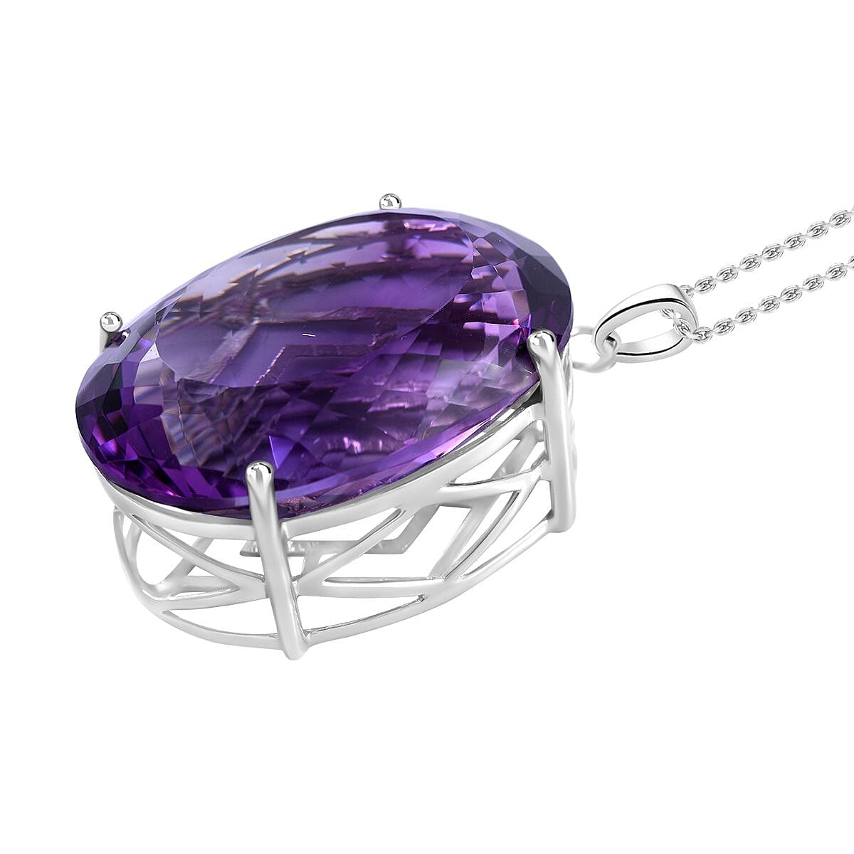 Amethyst 100 Carat Solitaire Pendant with Chain (Size 24) in Platinum Overlay Sterling Silver