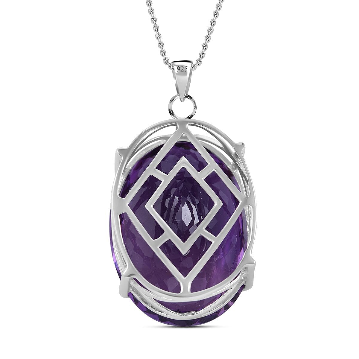 Amethyst 100 Carat Solitaire Pendant with Chain (Size 24) in Platinum Overlay Sterling Silver