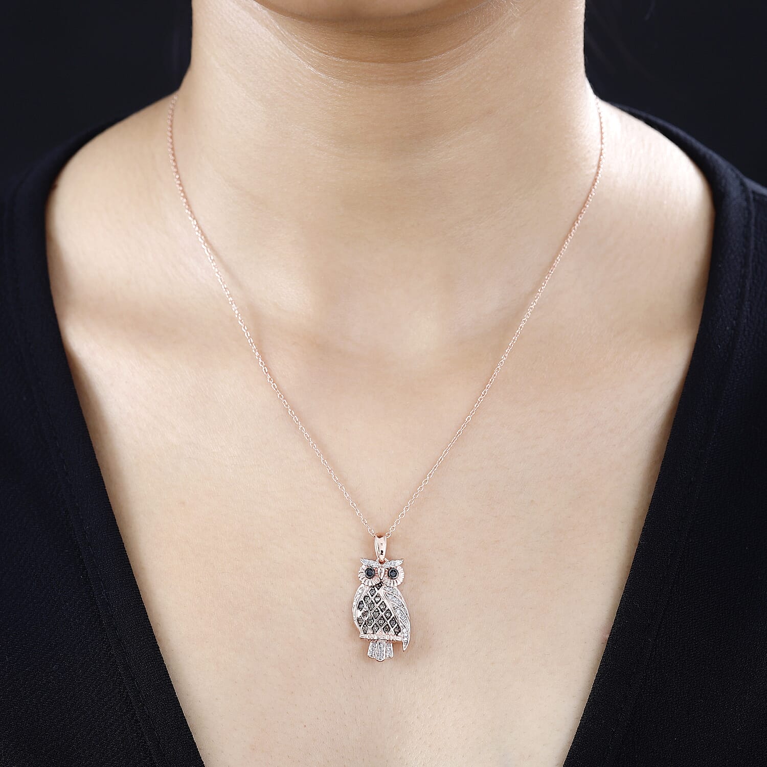 Black, Champagne & White Diamond Owl Pendant with Chain (Size 20) in 18K Vermeil RG Plated Sterling Silver 0.30 Ct, Silver Wt. 5.65 Gms