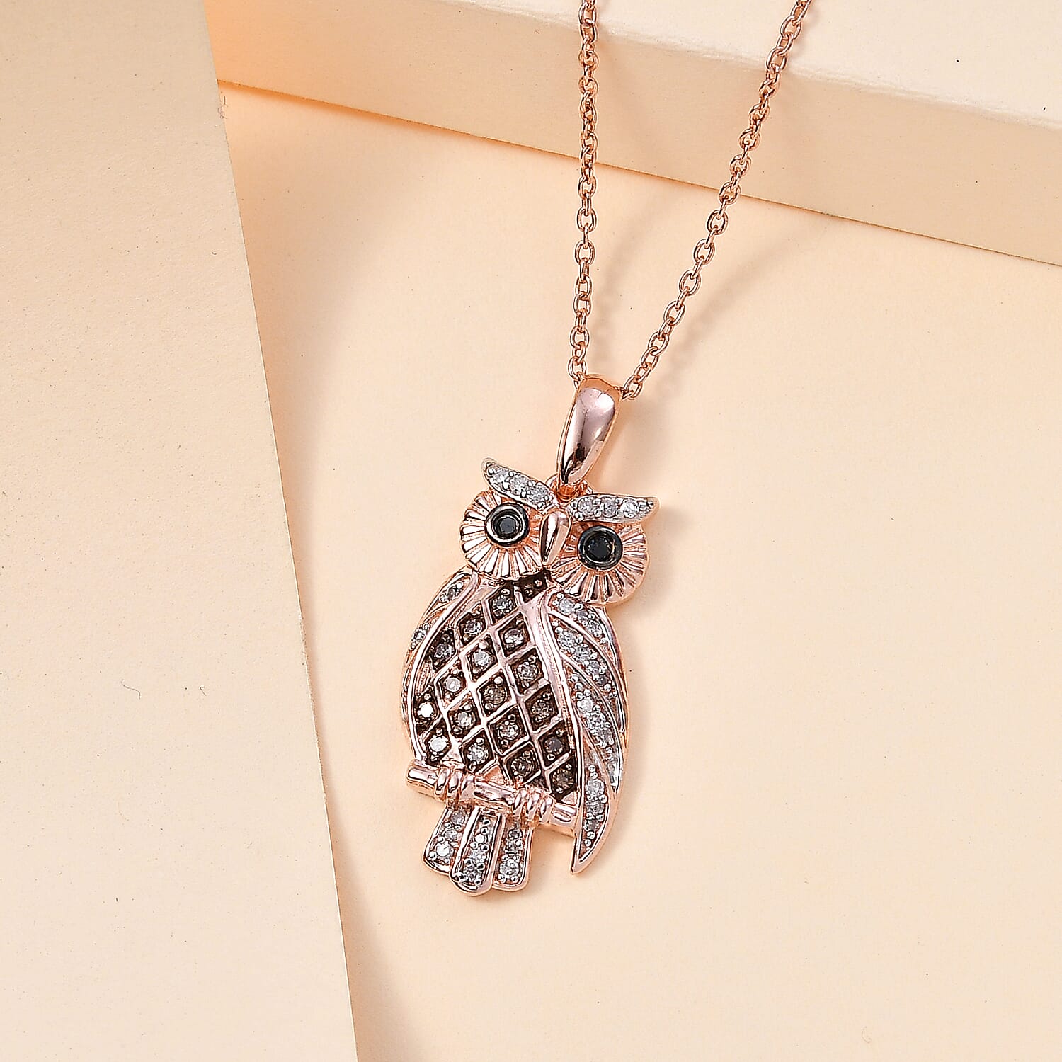 Black, Champagne & White Diamond Owl Pendant with Chain (Size 20) in 18K Vermeil RG Plated Sterling Silver 0.30 Ct, Silver Wt. 5.65 Gms