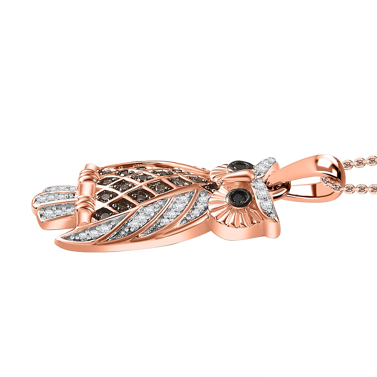 Black, Champagne & White Diamond Owl Pendant with Chain (Size 20) in 18K Vermeil RG Plated Sterling Silver 0.30 Ct, Silver Wt. 5.65 Gms