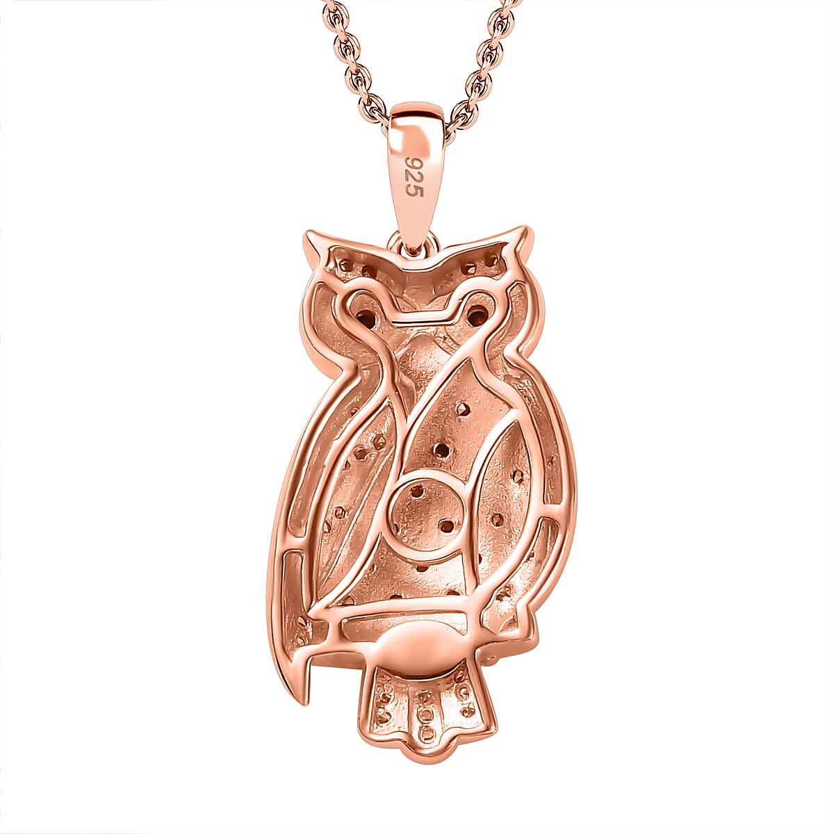 Black, Champagne & White Diamond Owl Pendant with Chain (Size 20) in 18K Vermeil RG Plated Sterling Silver 0.30 Ct, Silver Wt. 5.65 Gms