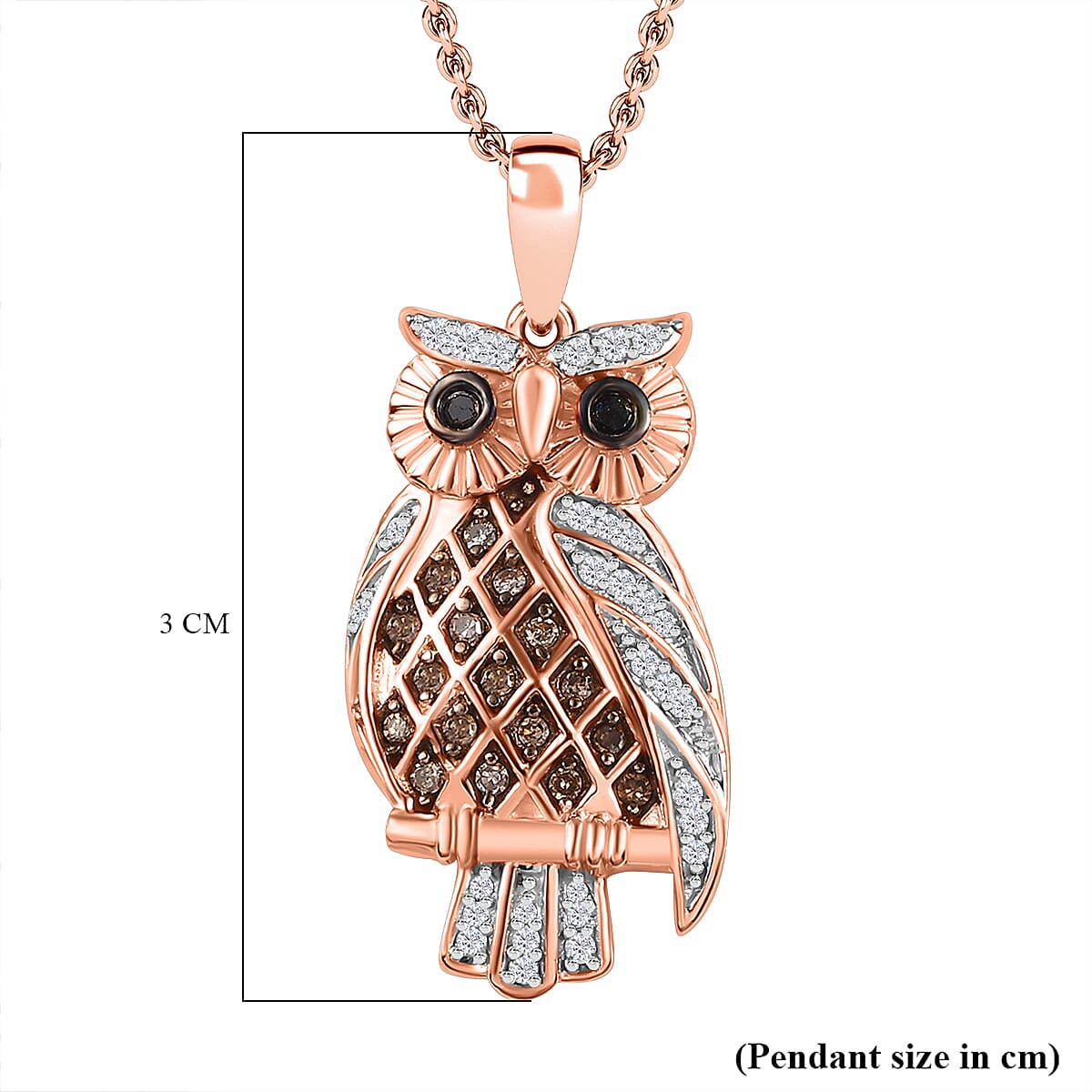 Black, Champagne & White Diamond Owl Pendant with Chain (Size 20) in 18K Vermeil RG Plated Sterling Silver 0.30 Ct, Silver Wt. 5.65 Gms