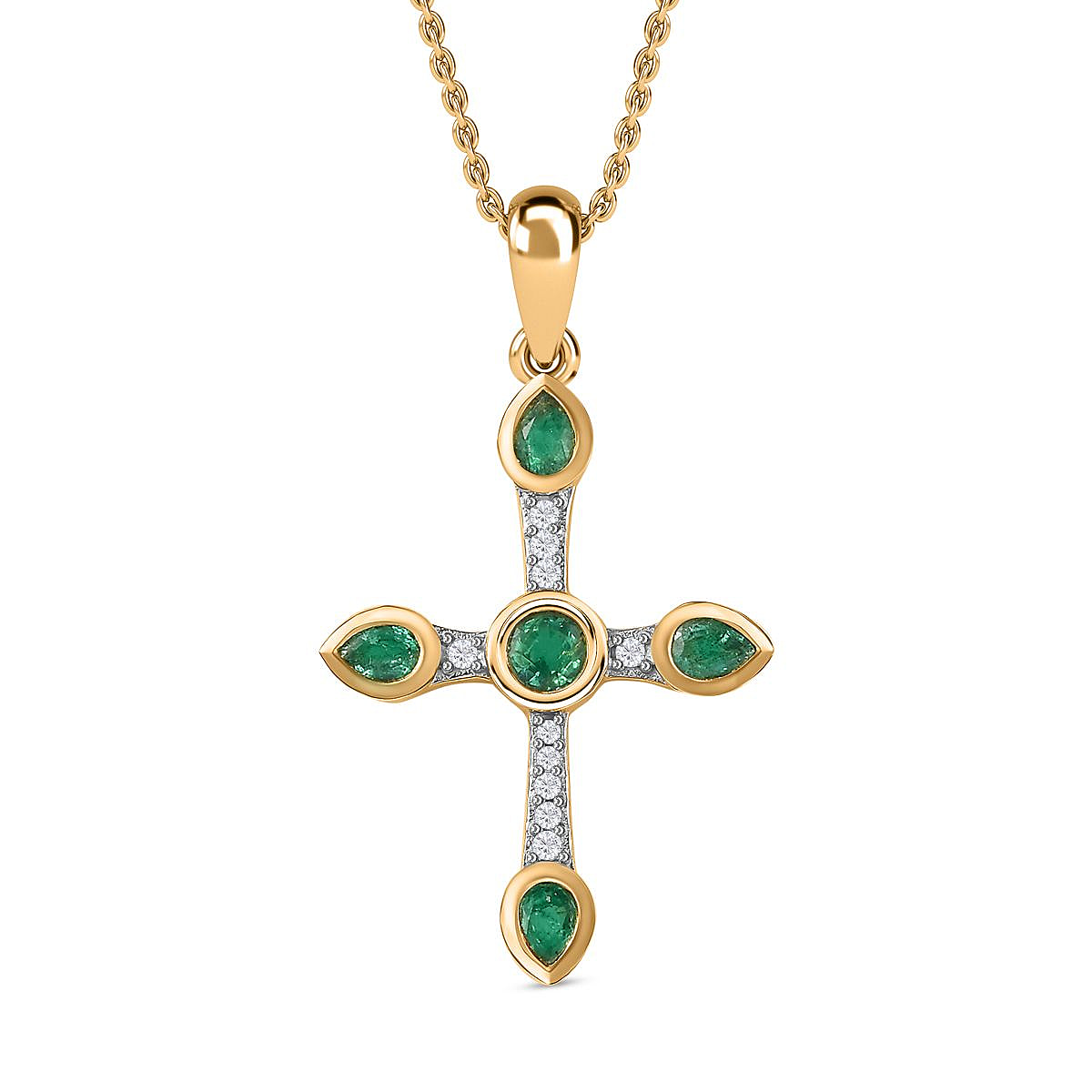 AAA Gemfields Emerald & Natural Zircon Cross Pendant with Chain (Size 20) in 18K Vermeil YG Plated Sterling Silver, Silver Wt. 5.87 GM