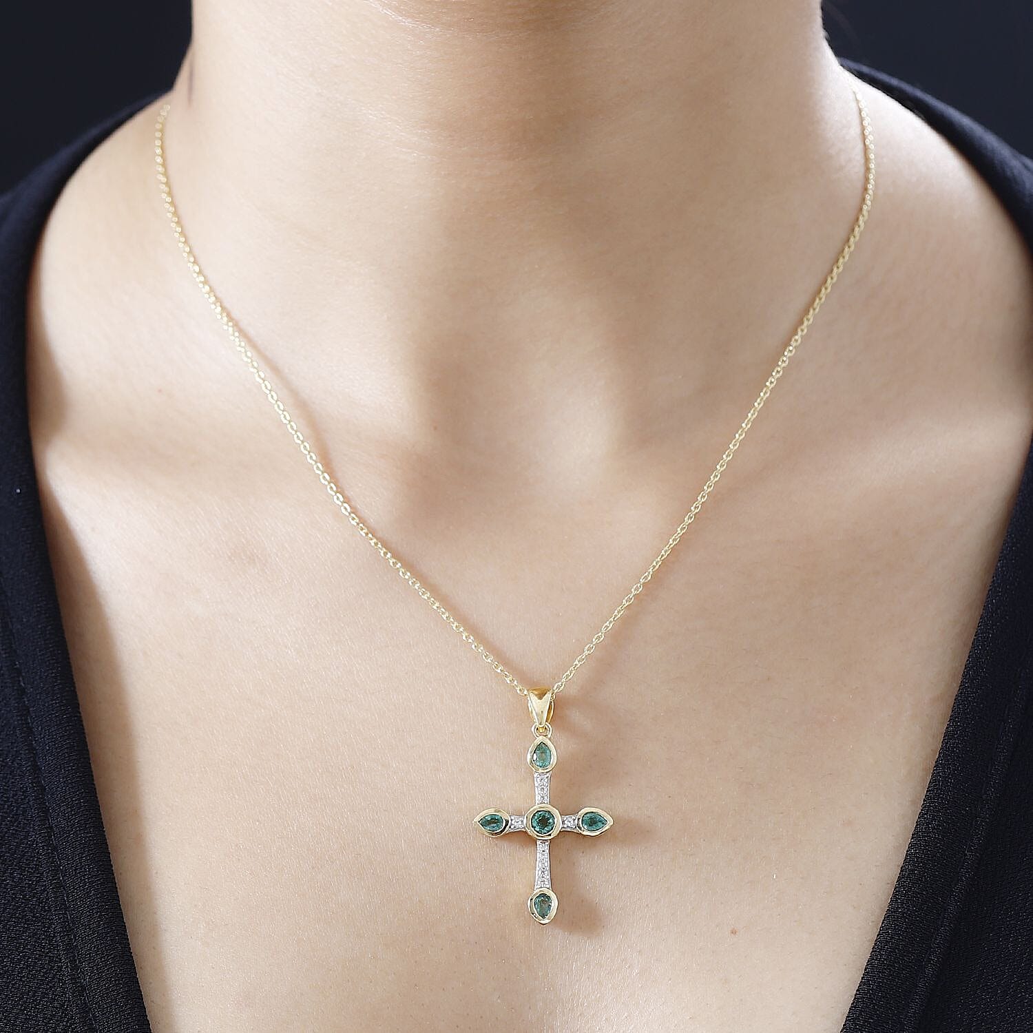 AAA Gemfields Emerald & Natural Zircon Cross Pendant with Chain (Size 20) in 18K Gold Vermeil Sterling Silver