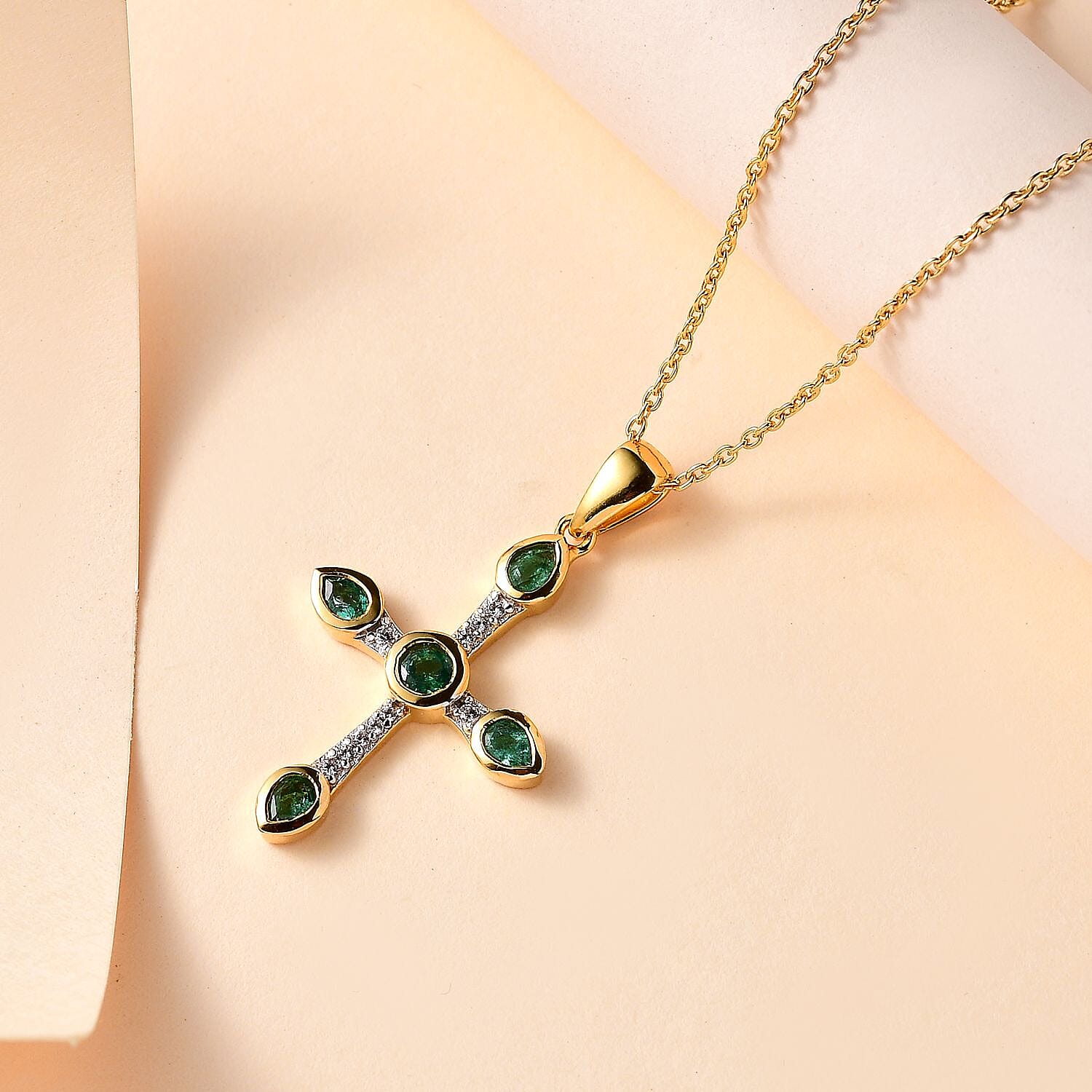 AAA Gemfields Emerald & Natural Zircon Cross Pendant with Chain (Size 20) in 18K Gold Vermeil Sterling Silver