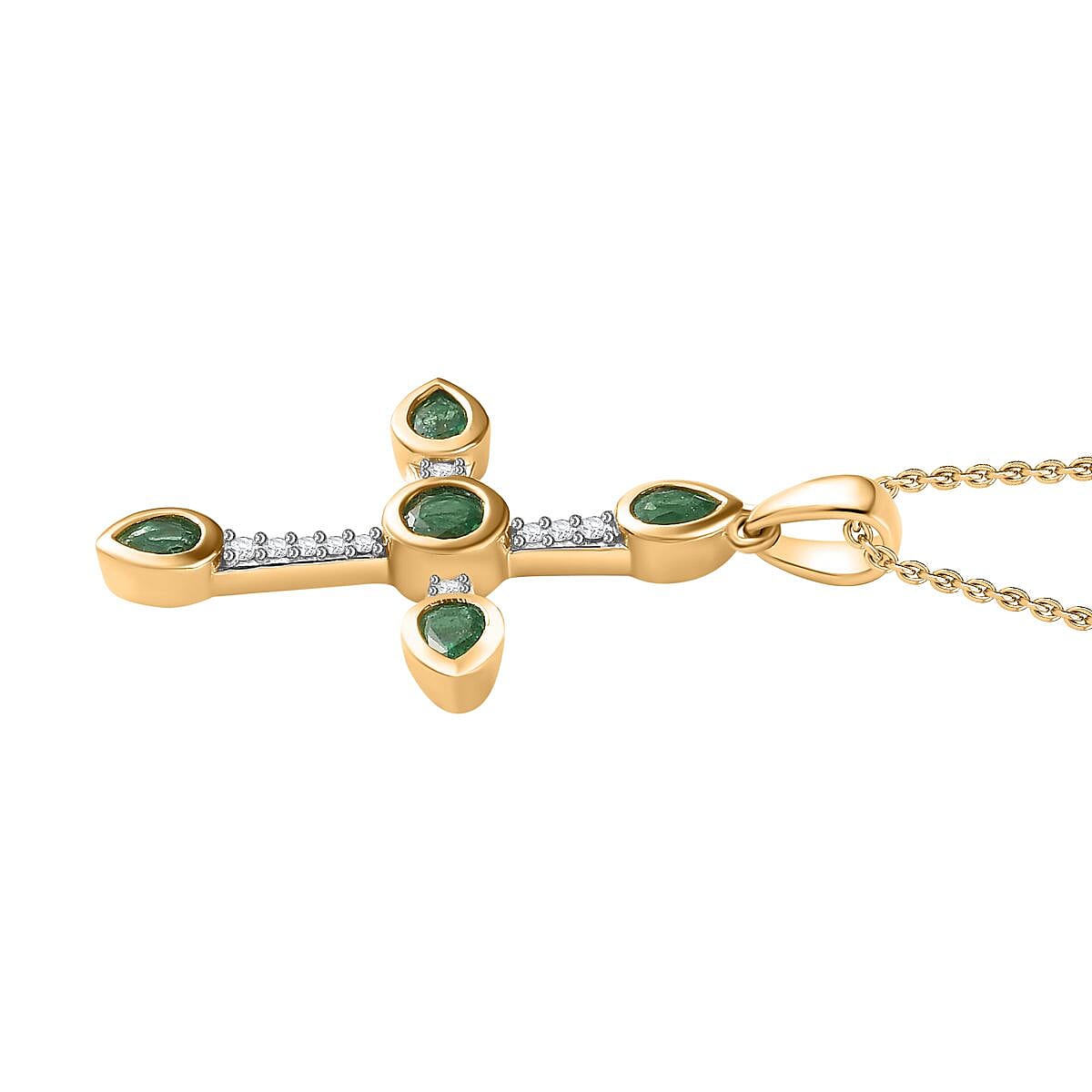 AAA Gemfields Emerald & Natural Zircon Cross Pendant with Chain (Size 20) in 18K Gold Vermeil Sterling Silver