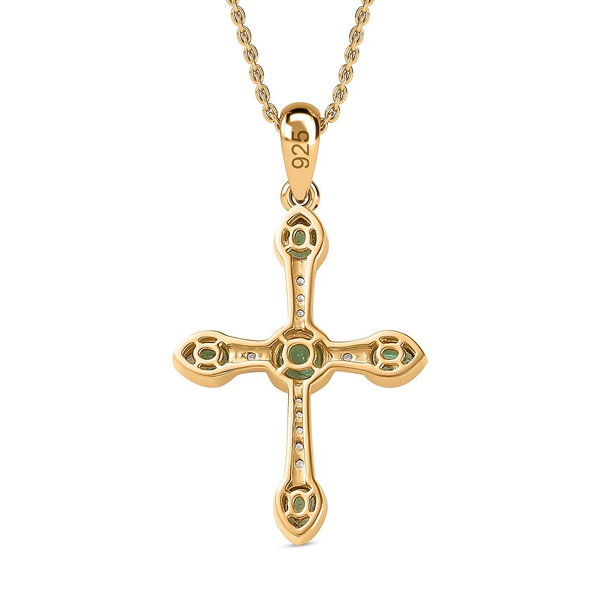 AAA Gemfields Emerald & Natural Zircon Cross Pendant with Chain (Size 20) in 18K Gold Vermeil Sterling Silver